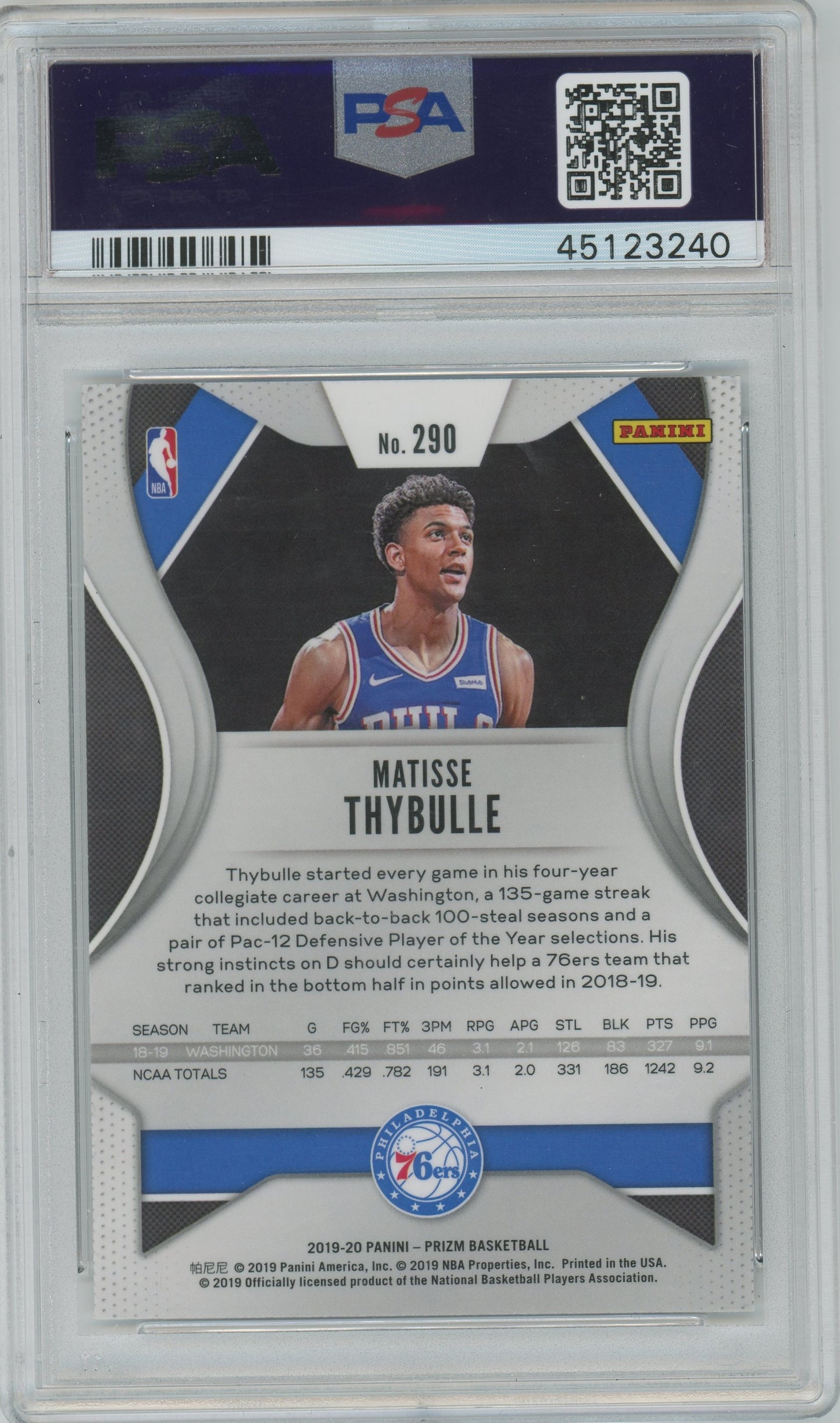 2019 Panini Prizm Matisse Thybulle ROOKIE #290 PSA 9