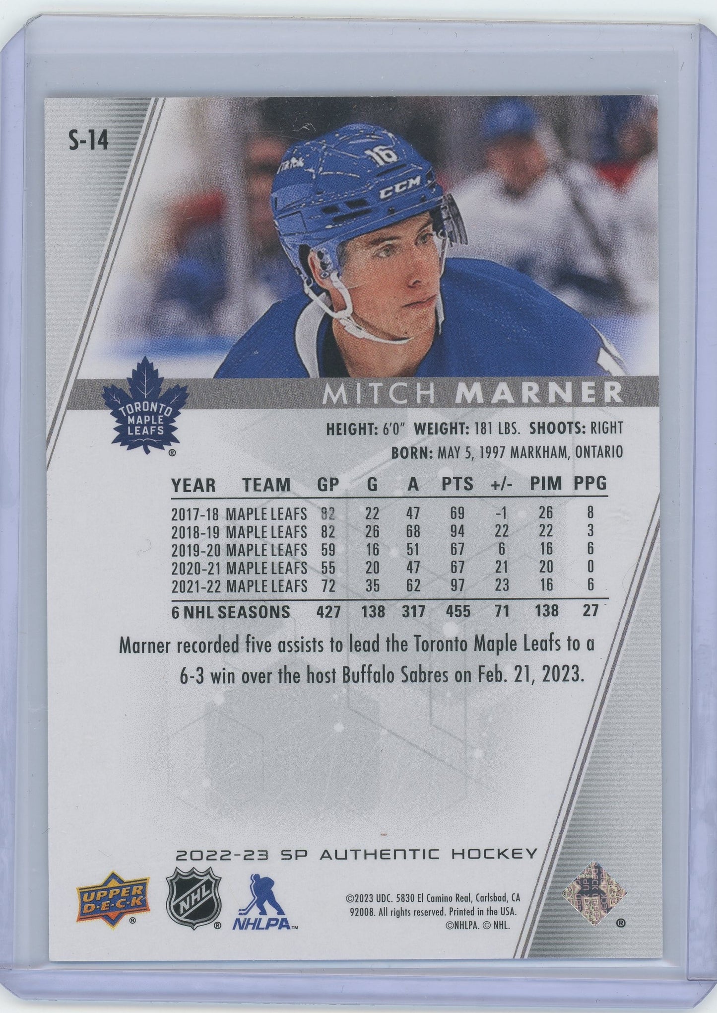 2023 2022-23 SP Authentic Hockey Mitch Marner #S-14 Gold Refractor 12/50