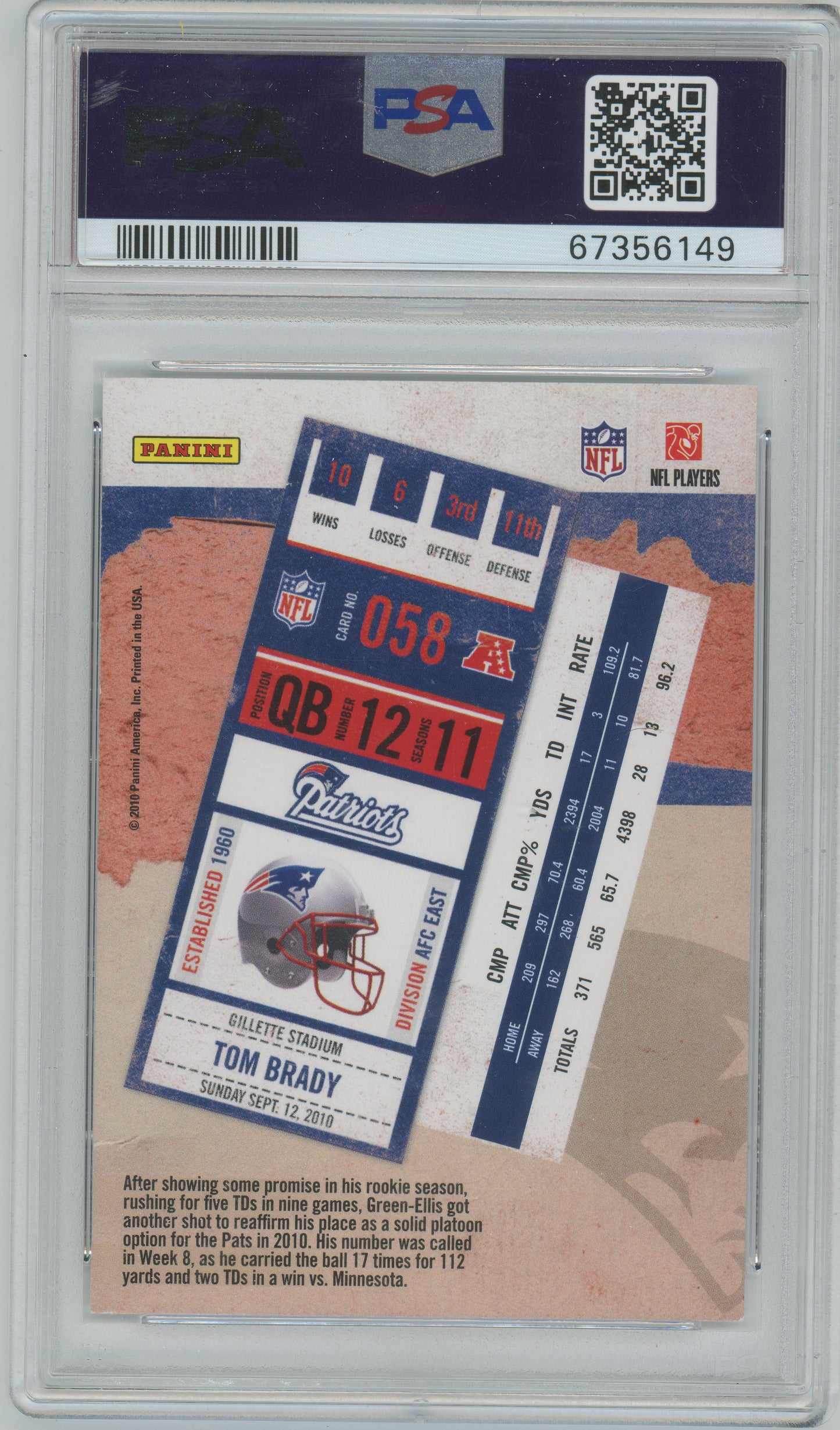 2010 Playoff Contenders - Ticket #58 - Tom Brady - Patriots - PSA - TOM BRADY