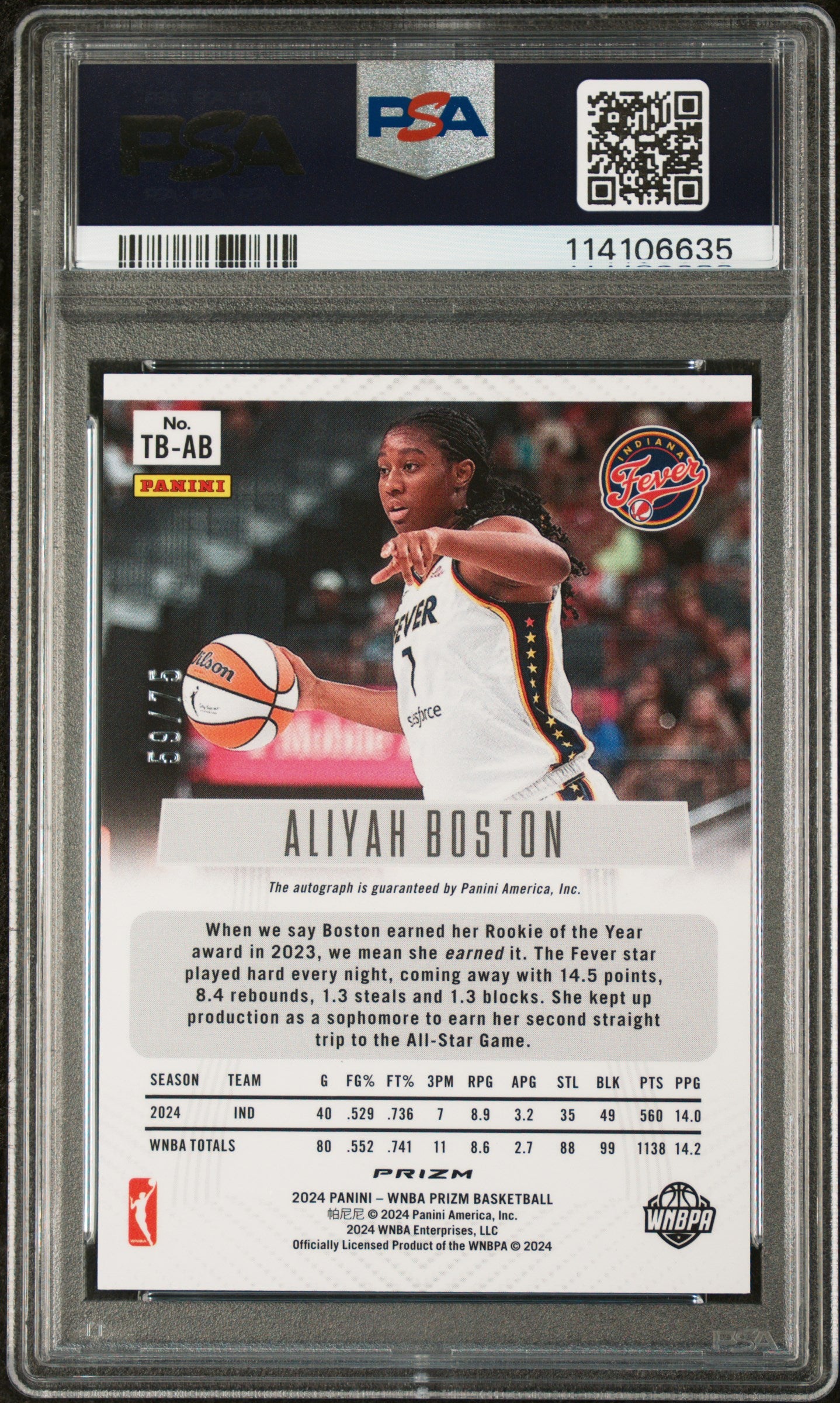 2024 Panini WNBA - Blue Prizm Throwback AUTO /75 - Aliyah Boston AUTO /75 - PSA