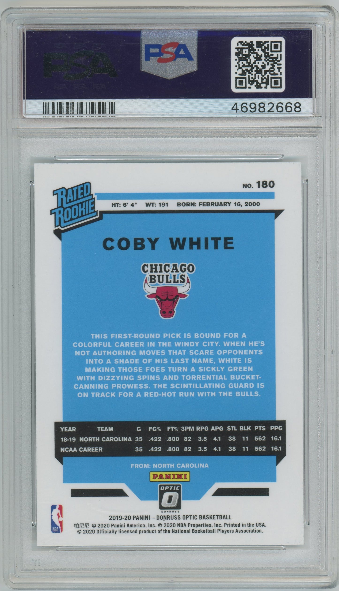 2019 Panini Donruss Optic Coby White ROOKIE #180 PSA 10