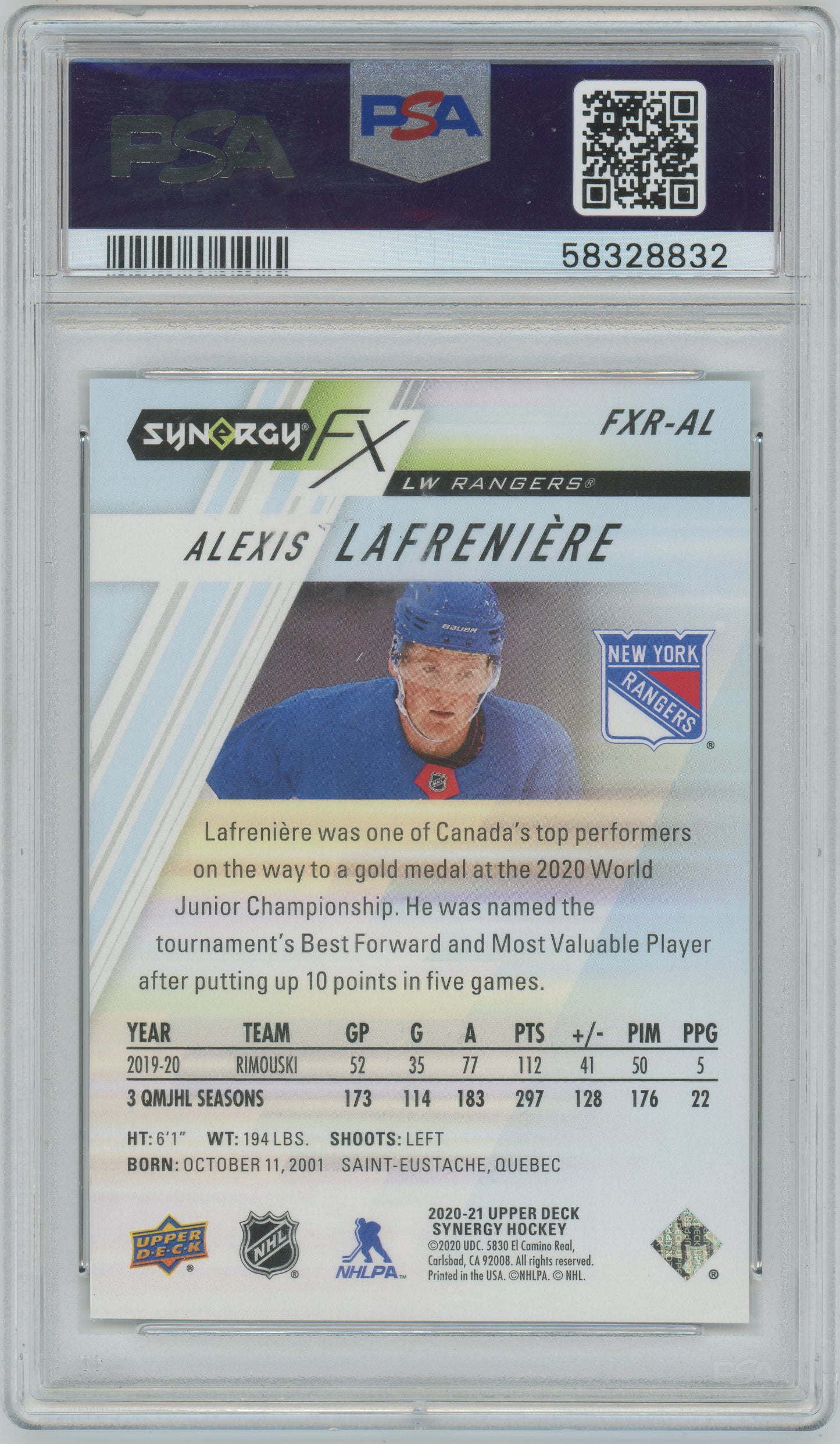 2020 Upper Deck Synergy - Alexis Lafreniere ROOKIE /749 - PSA 10 - /749