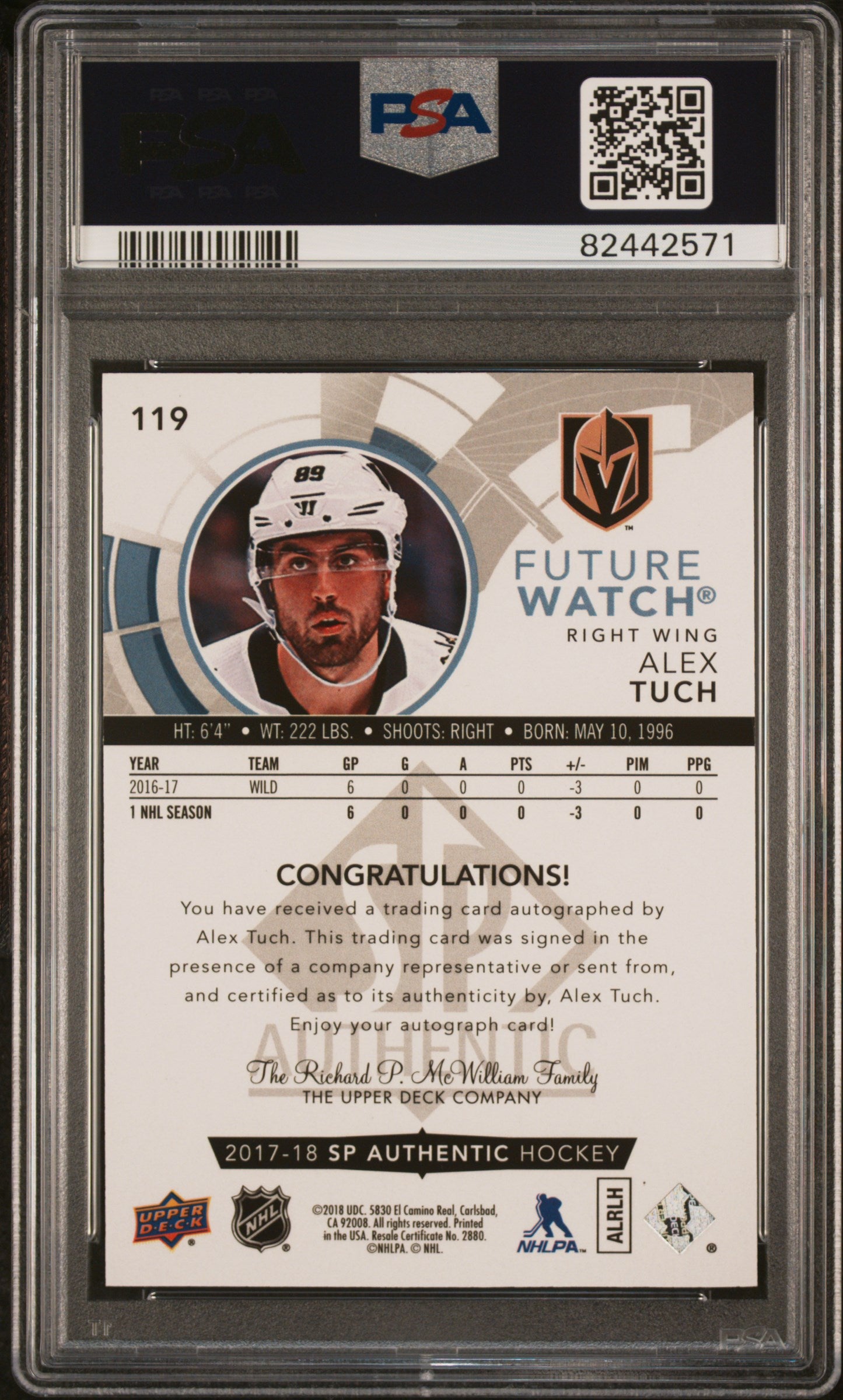 2017 SP Authentic Hockey - Alex Tuch #119 - Autograph - FUTURE WATCH AUTO - PSA