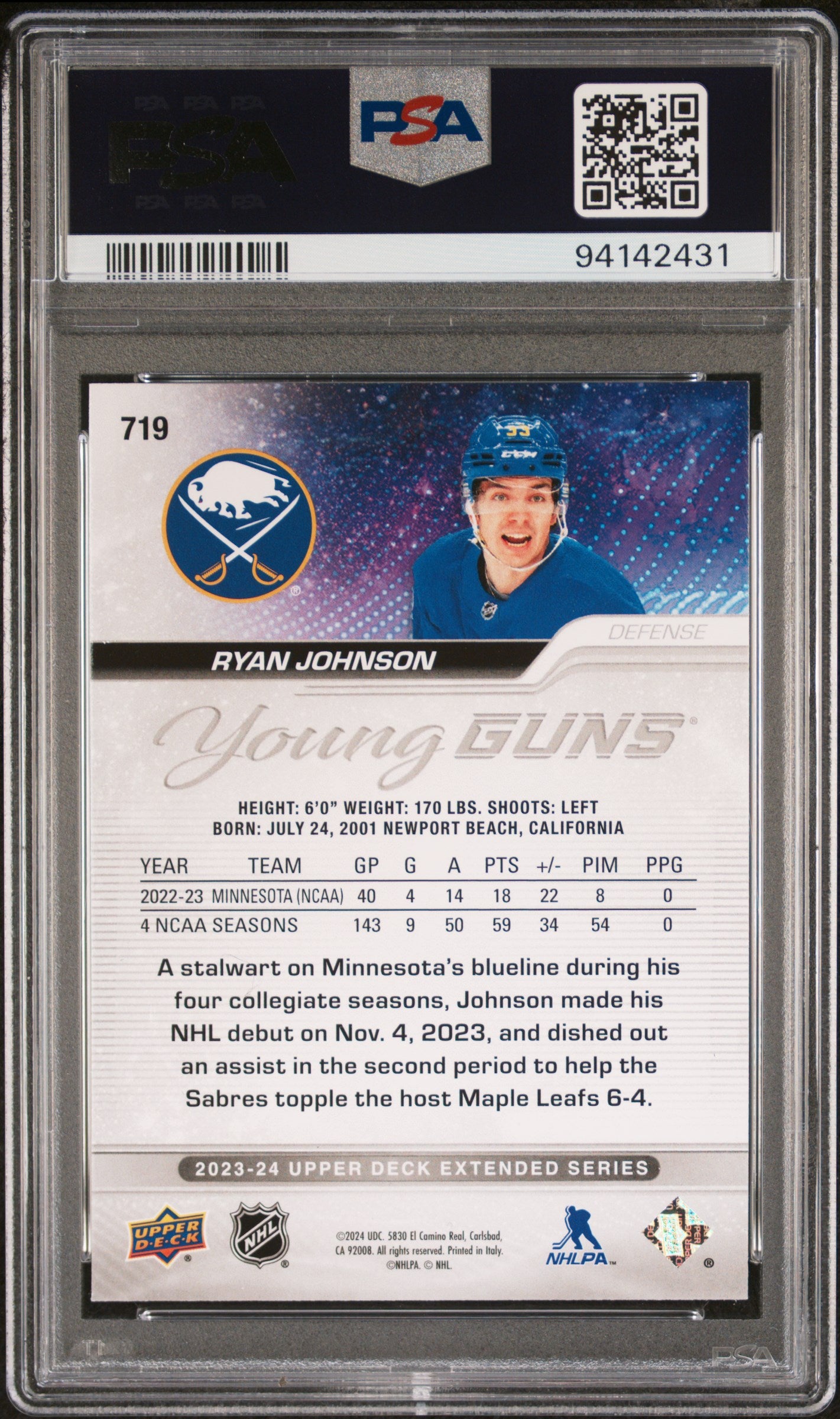 2023 Upper Deck- Ryan Johnson - YOUNG GUNS ROOKIE- UD Exclusives /100 - PSA /100