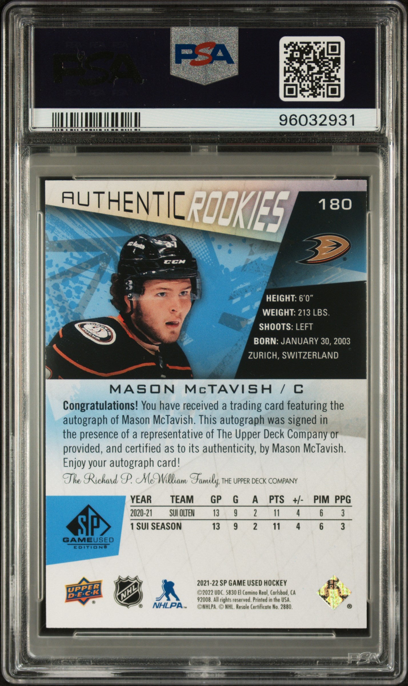 2021 SP Game Used Mason Mctavish Rookie Auto #180 Blue Autograph PSA 10