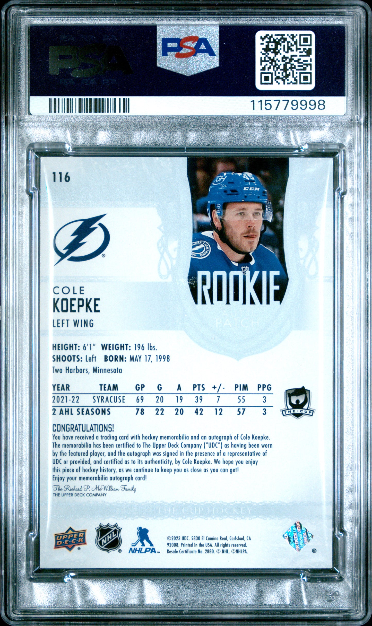 2022 Upper Deck - The Cup - Cole Koepke - ROOKIE Patch Auto /249 - PSA 9 - /249