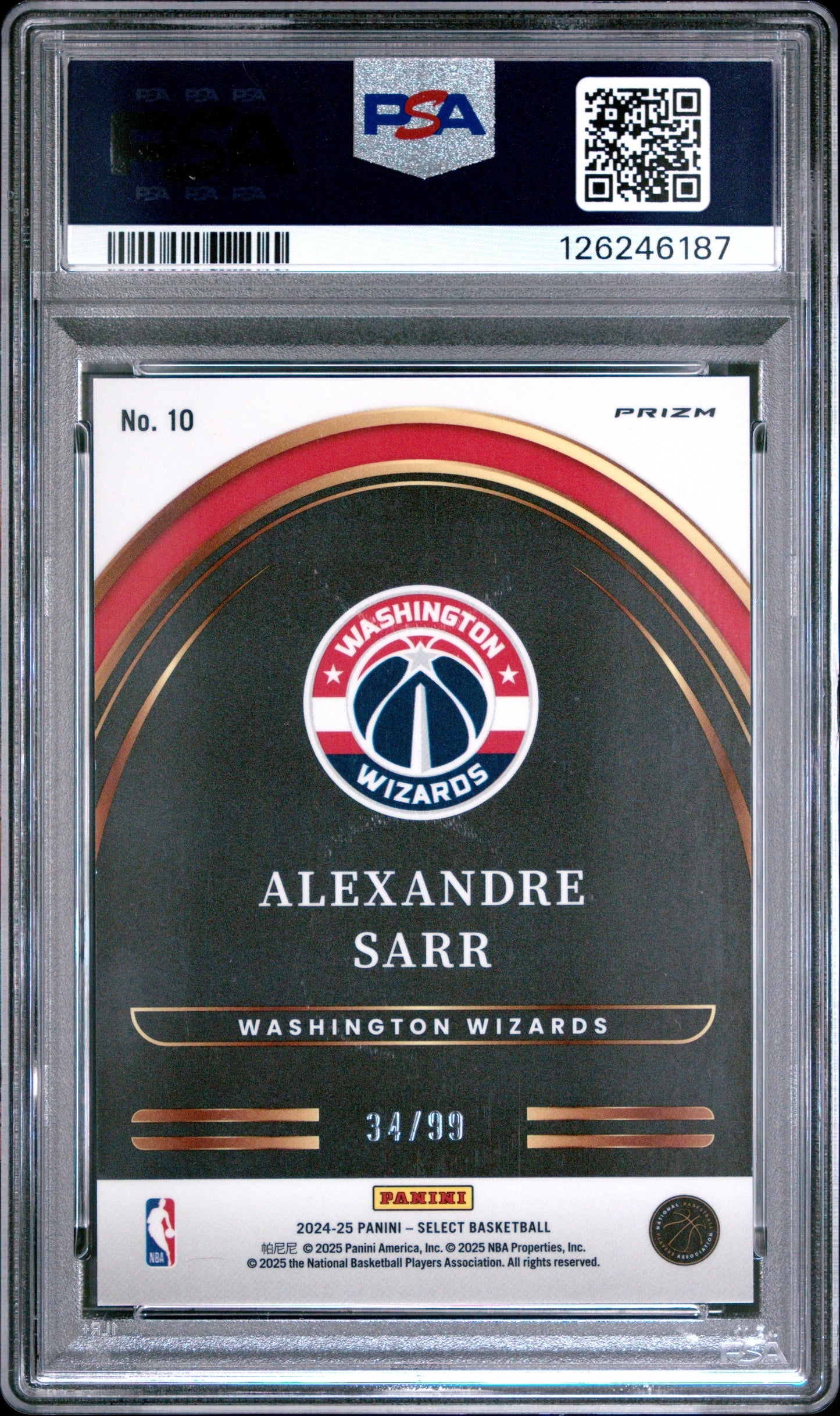 2024 Panini Select- Alexandre Sarr #10 - Future /99 - Red Prizm ROOKIE /99 - PSA