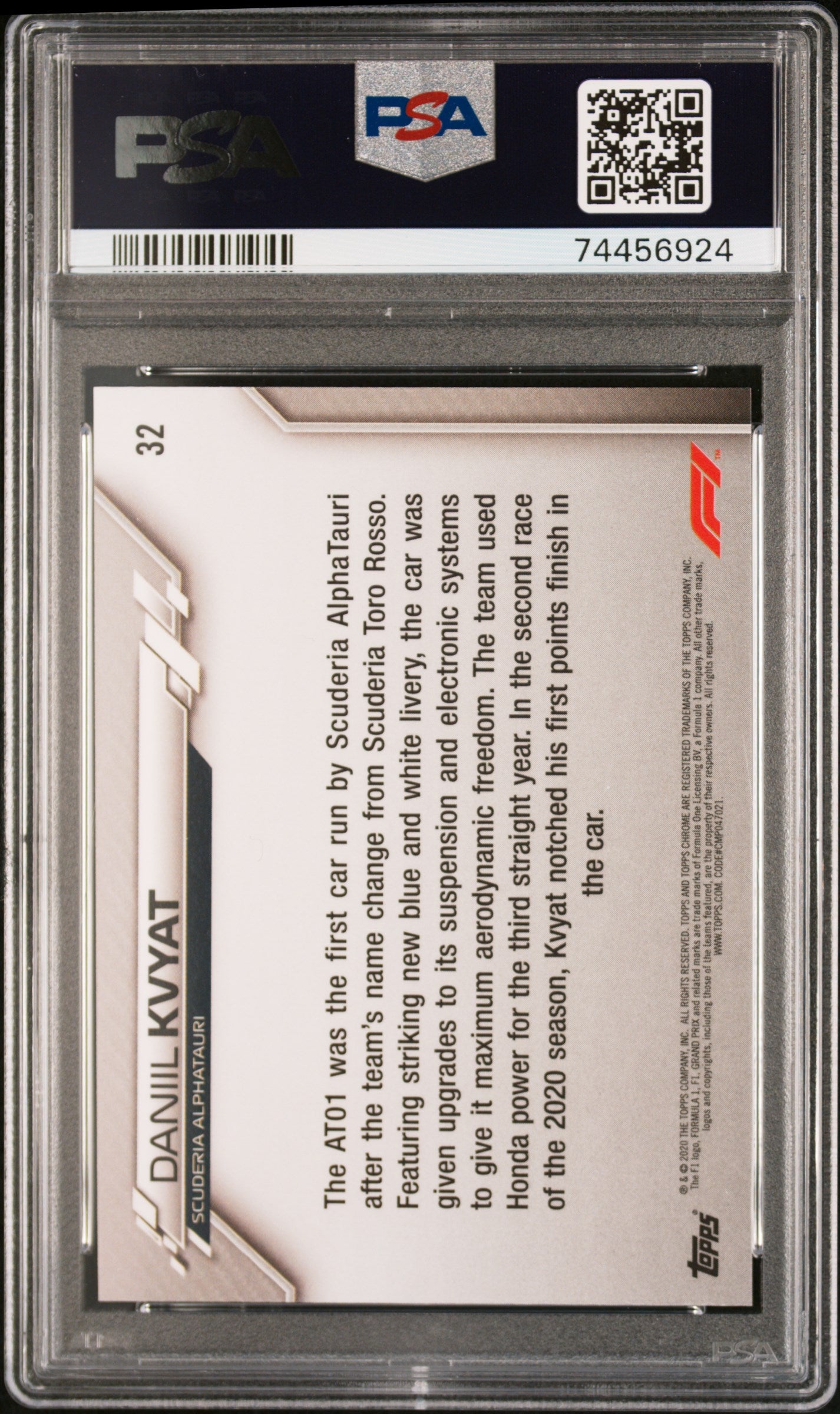 2020 Topps Chrome Formula 1 Sapphire Edition Daniil Kvyat #32 PSA 9