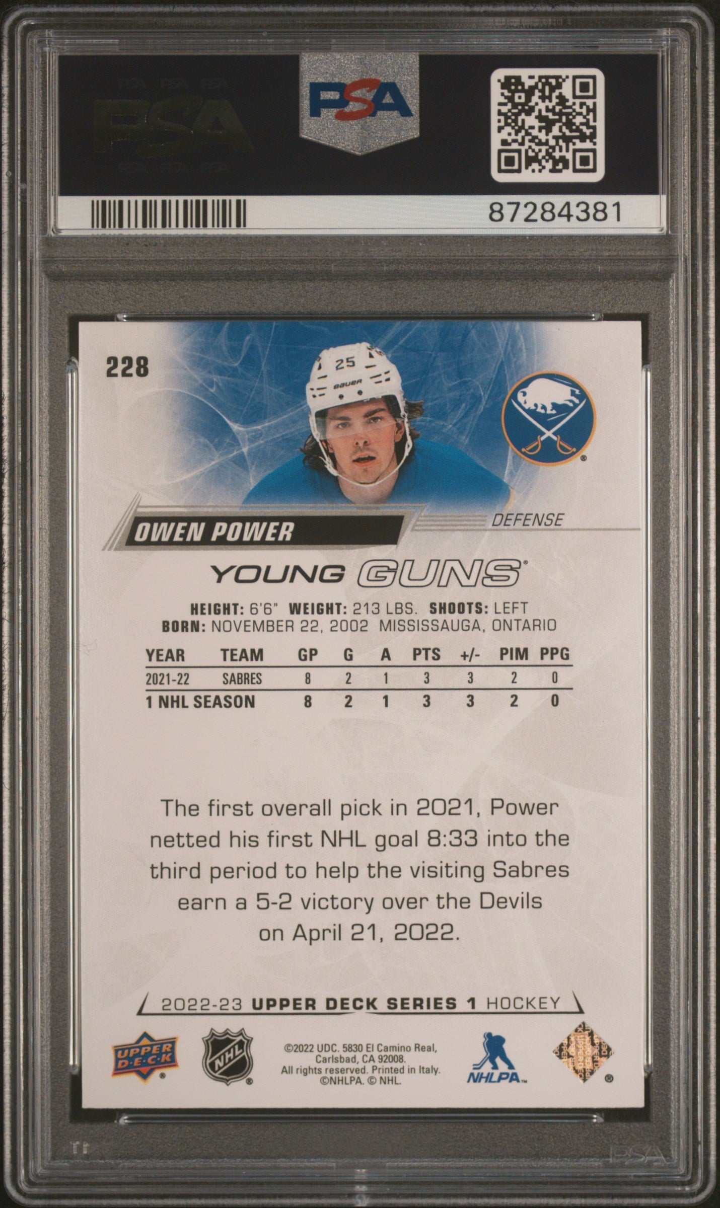 2022 Upper Deck Young Guns Owen Power ROOKIE YOUNG GUNS #228 PSA 9