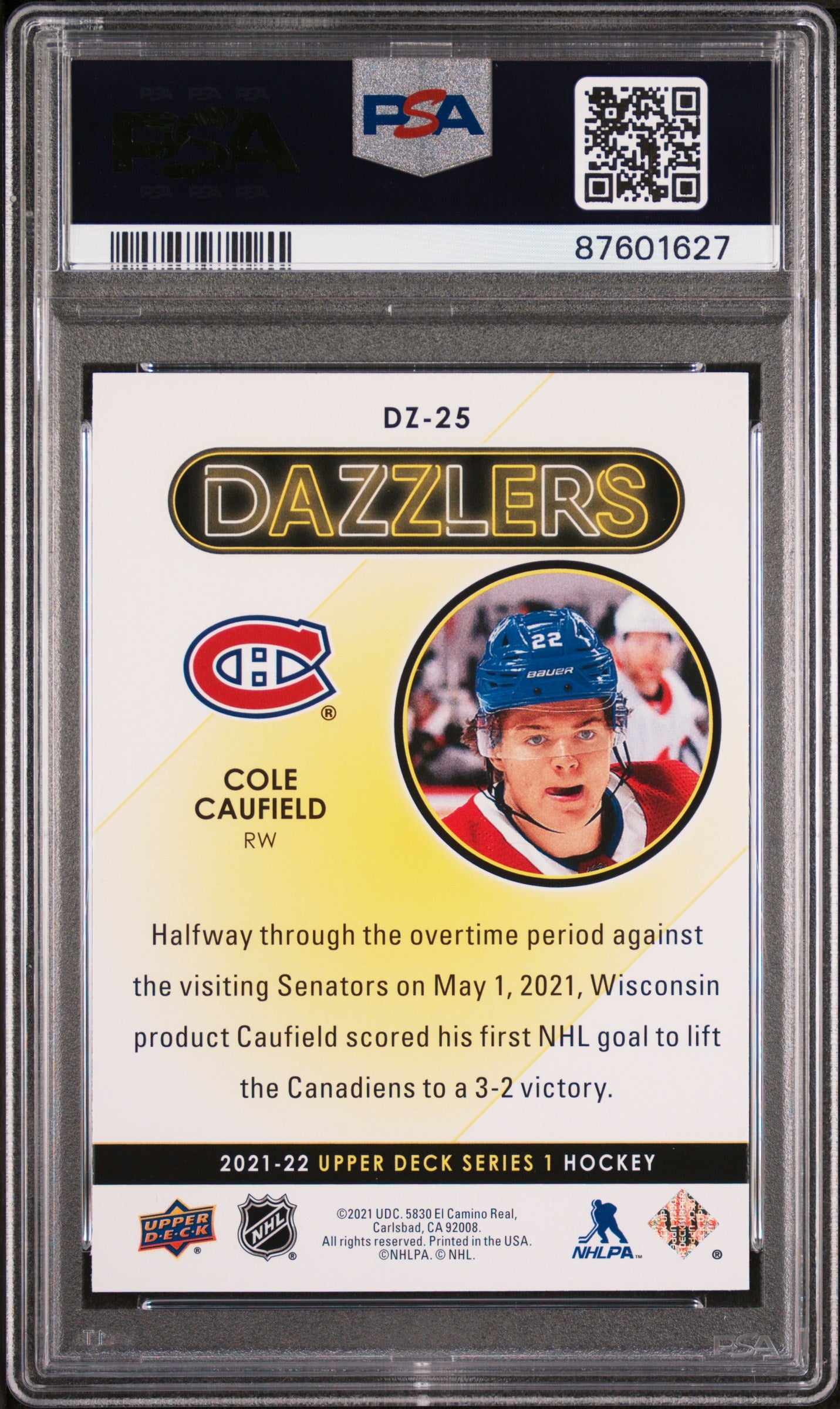 2021-2022 Upper Deck Dazzlers Cole Caufield #DZ25 Red PSA 10