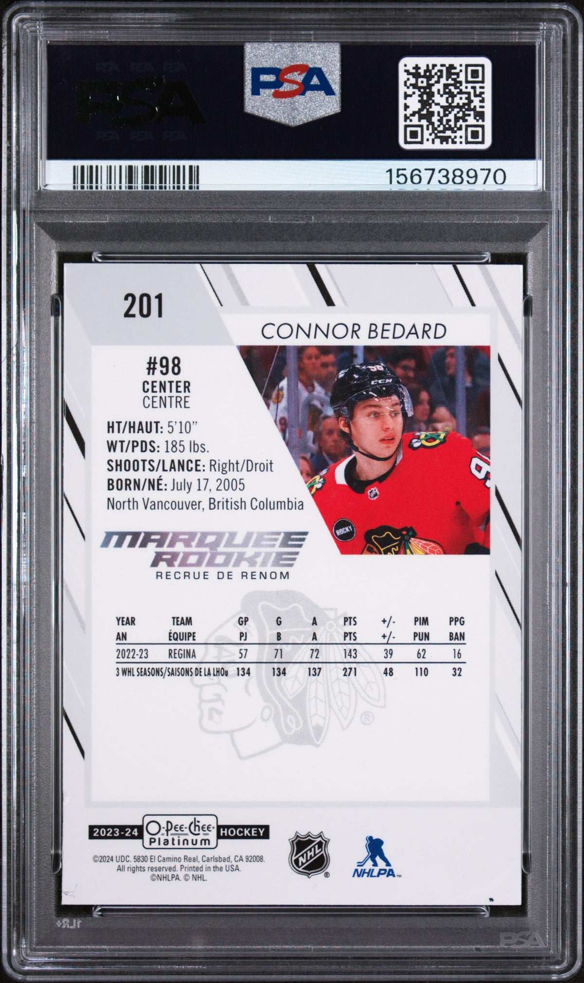 2023 O-Pee-Chee Platinum Hockey - Connor Bedard #201 - ROOKIE - PSA