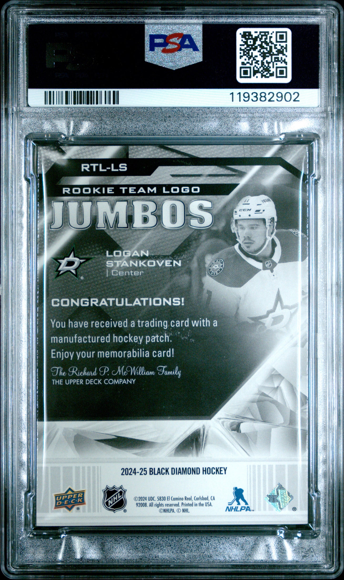 2024 UD Black Diamond - Logan Stankoven #RTLLS - Rookie Logo Jumbo Patch - PSA 9