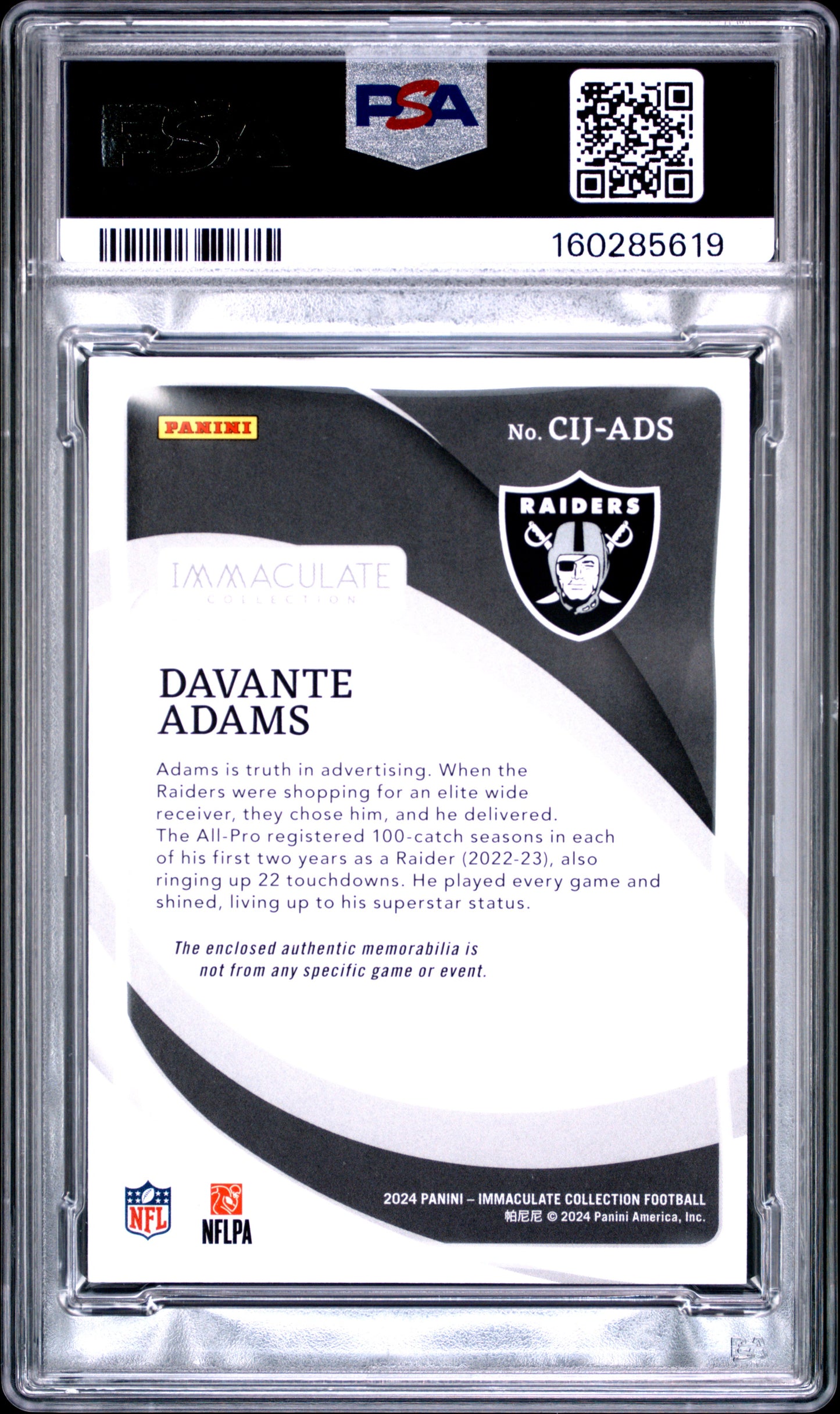 2024 Immaculate- Davante Adams - Clearly Immaculate Jersey /99 - PSA - PATCH /99
