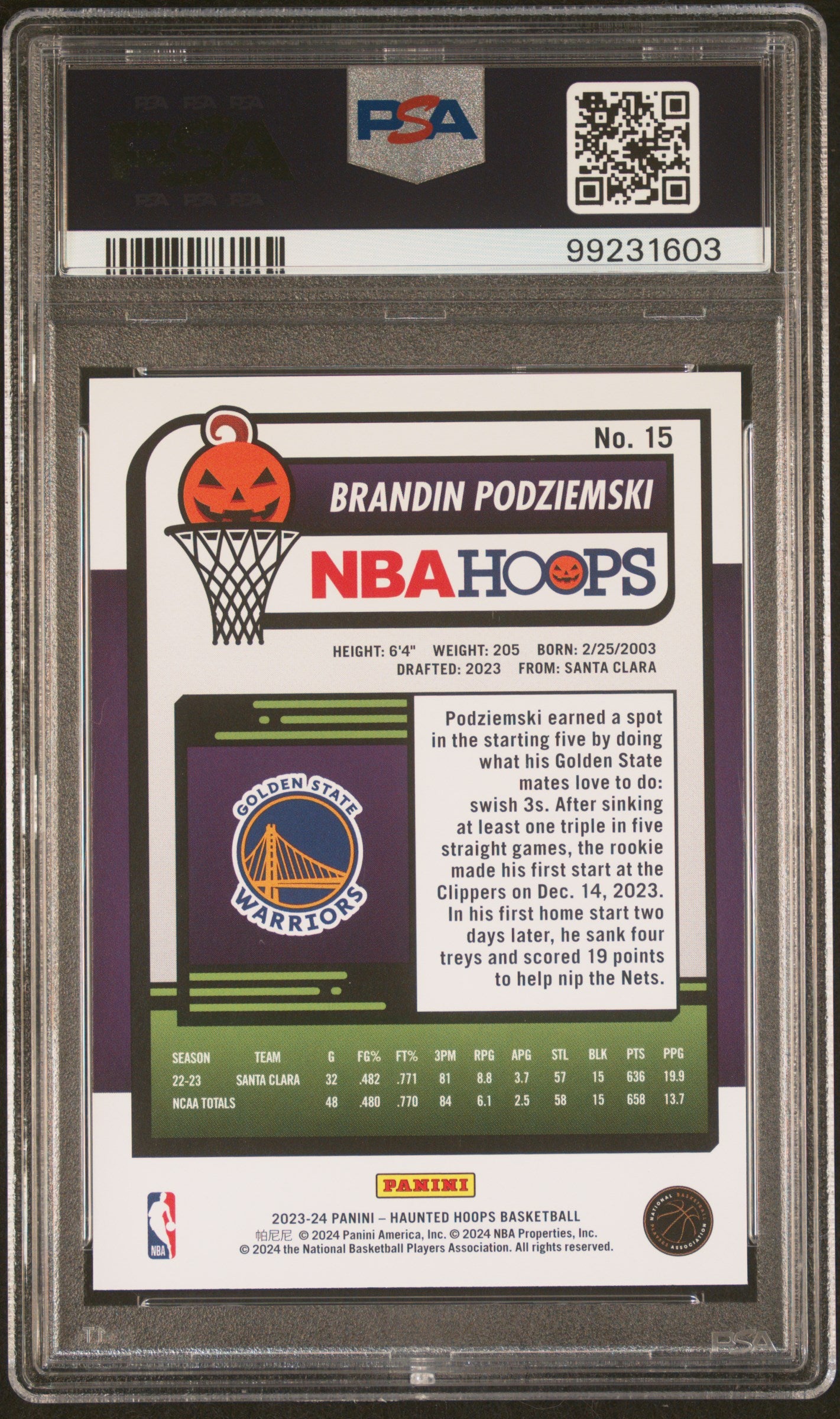 2023 Panini Haunted Hoops Brandin Podziemski ROOKIE #15 Orange PSA 9