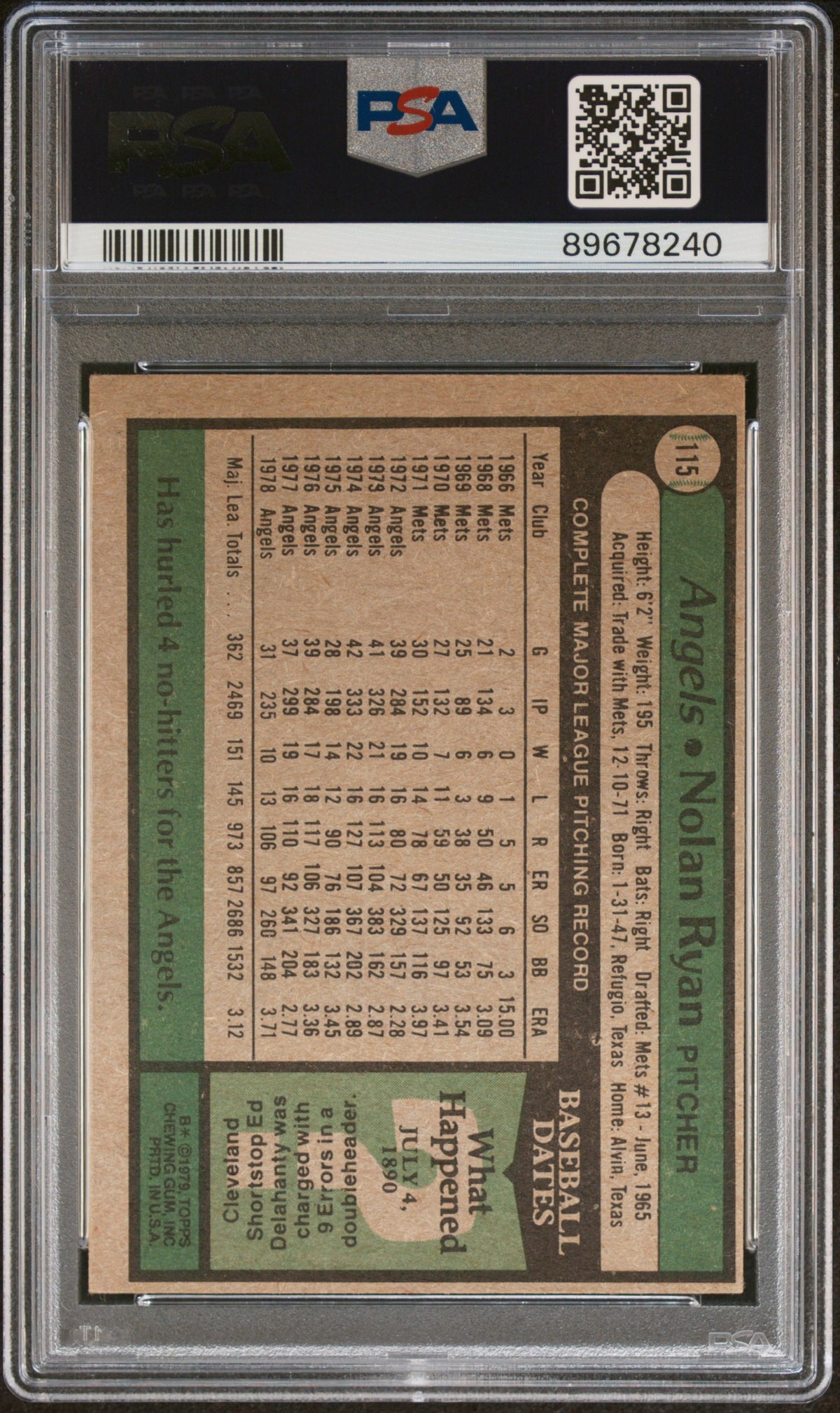 1979 Topps MLB Baseball - Nolan Ryan #115 - Los Angeles Angels - PSA 5