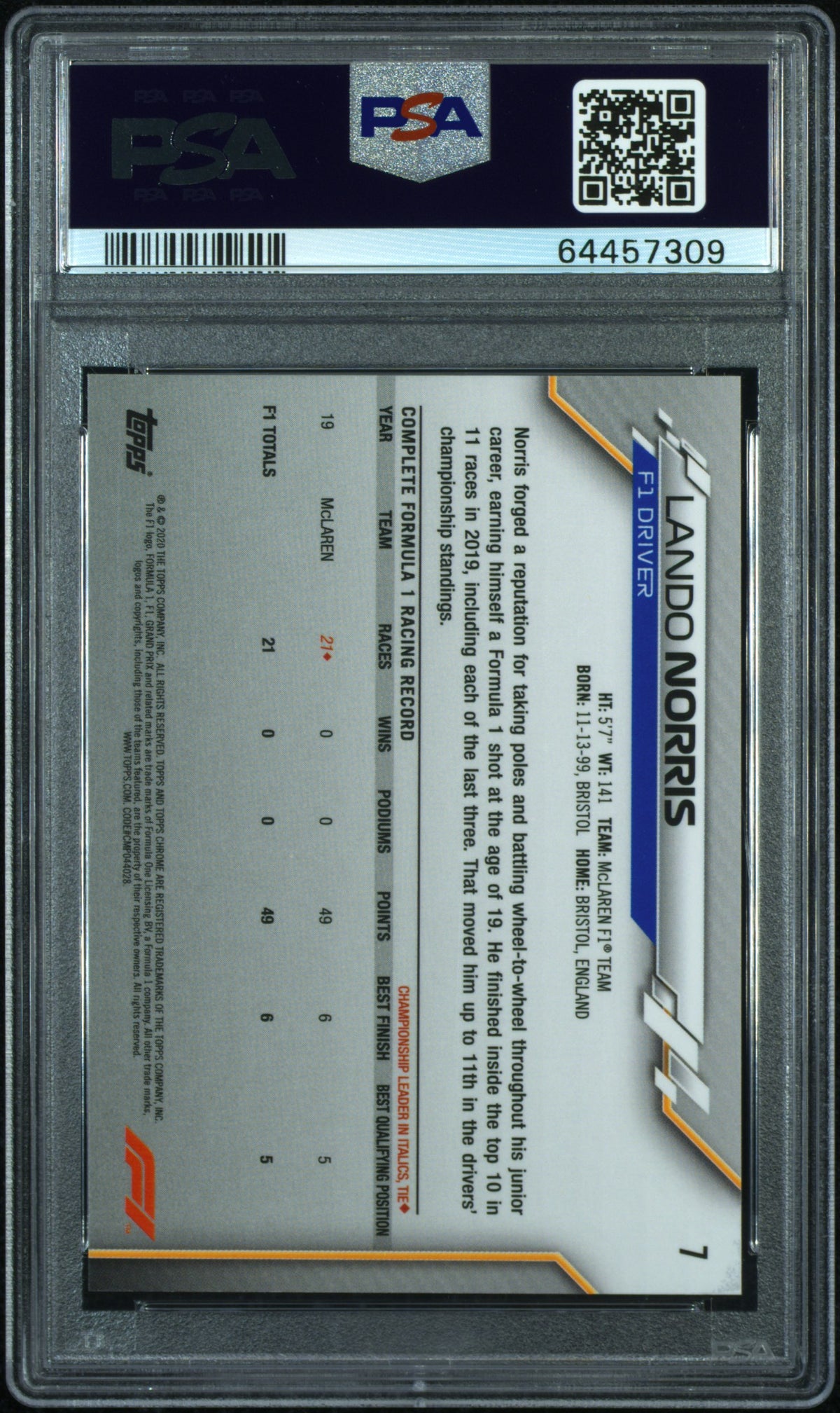 2020 Topps Chrome Formula 1 - Lando Norris #7 - ROOKIE - PSA 10
