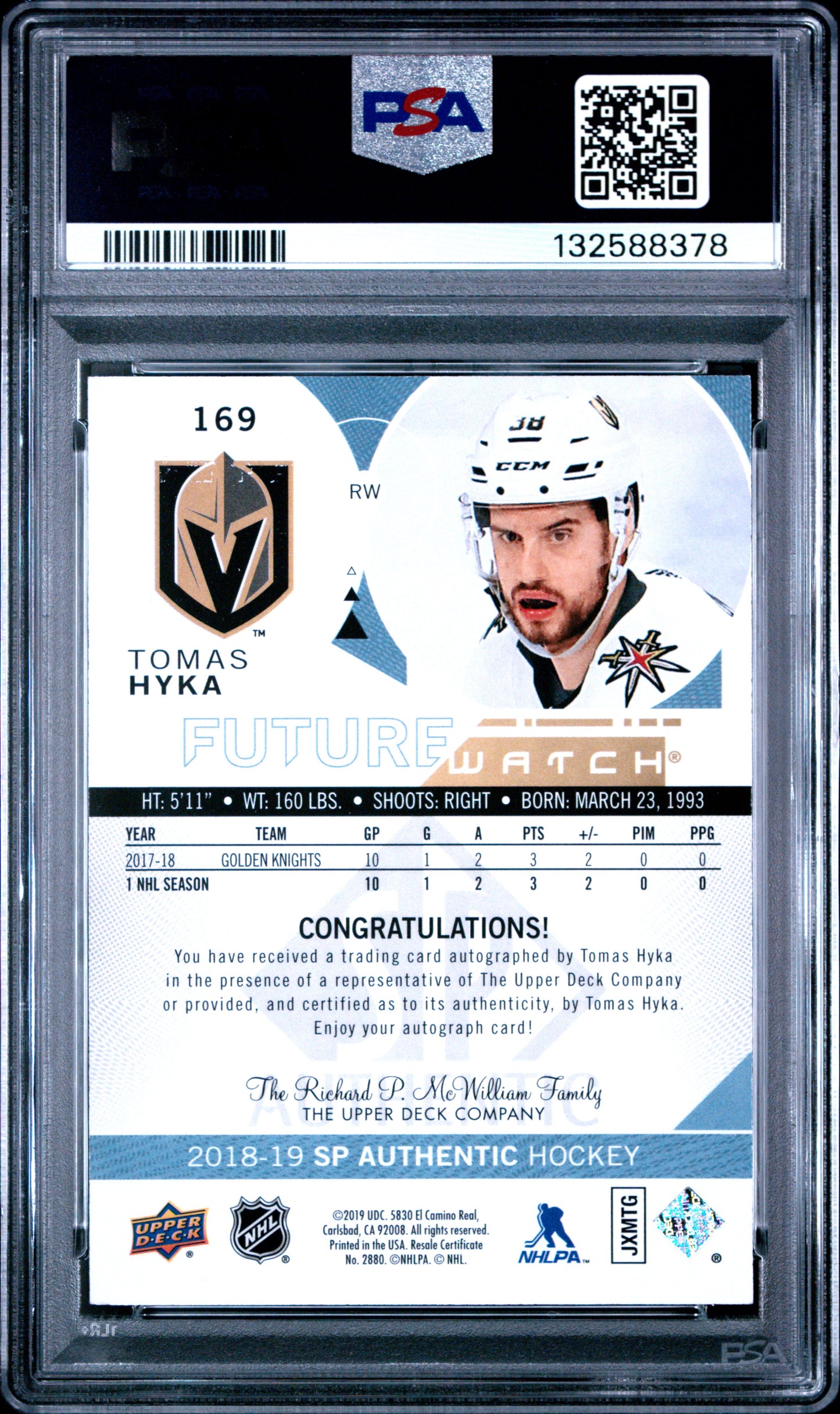 2018 SP Authentic - Tomas Hyka - FUTURE WATCH AUTO /999 - PSA - INSCRIBED /50