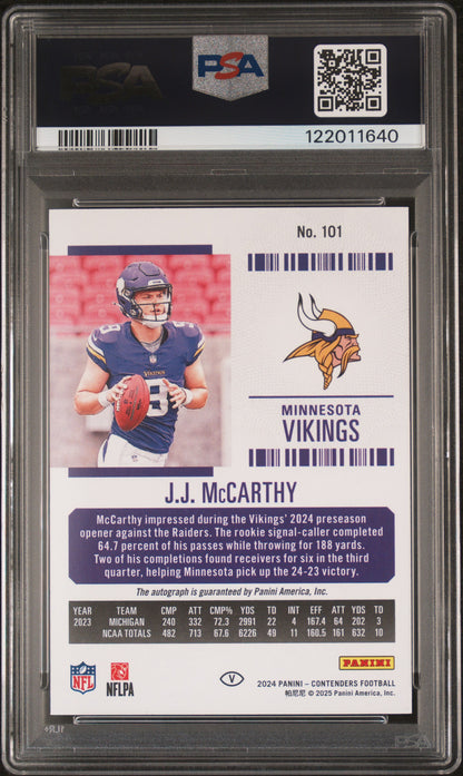 2024 Panini Contenders- JJ Mccarthy - ROOKIE AUTO - Variation ON CARD AUTO - PSA