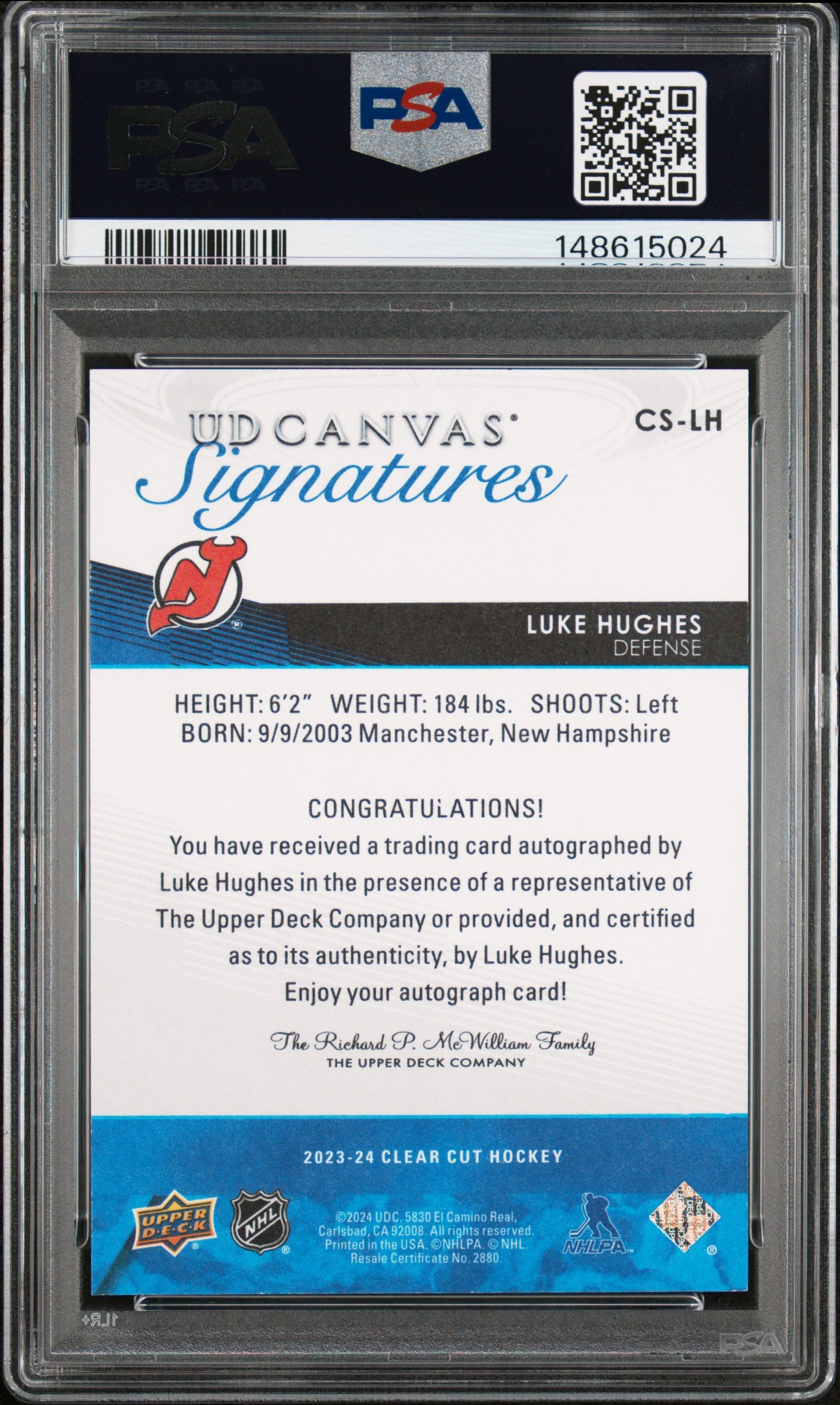 2023 UD Clear Cut - Luke Hughes - Canvas Signatures - Red Ink AUTO /43 - PSA