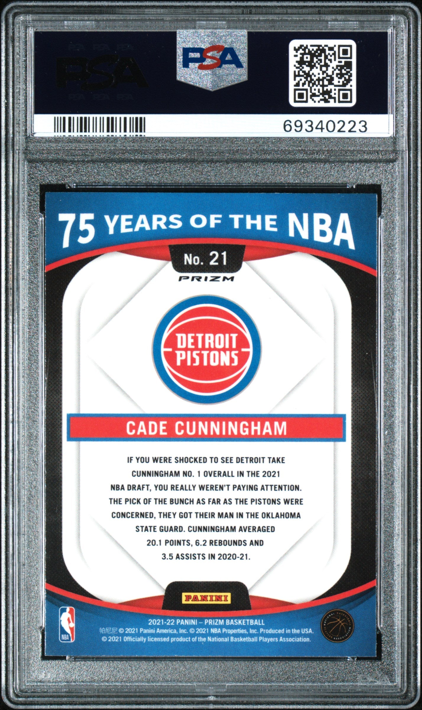 2021 Panini Donruss Optic 75 Years Of The NBA Cade Cunningham ROOKIE #21 PSA 8
