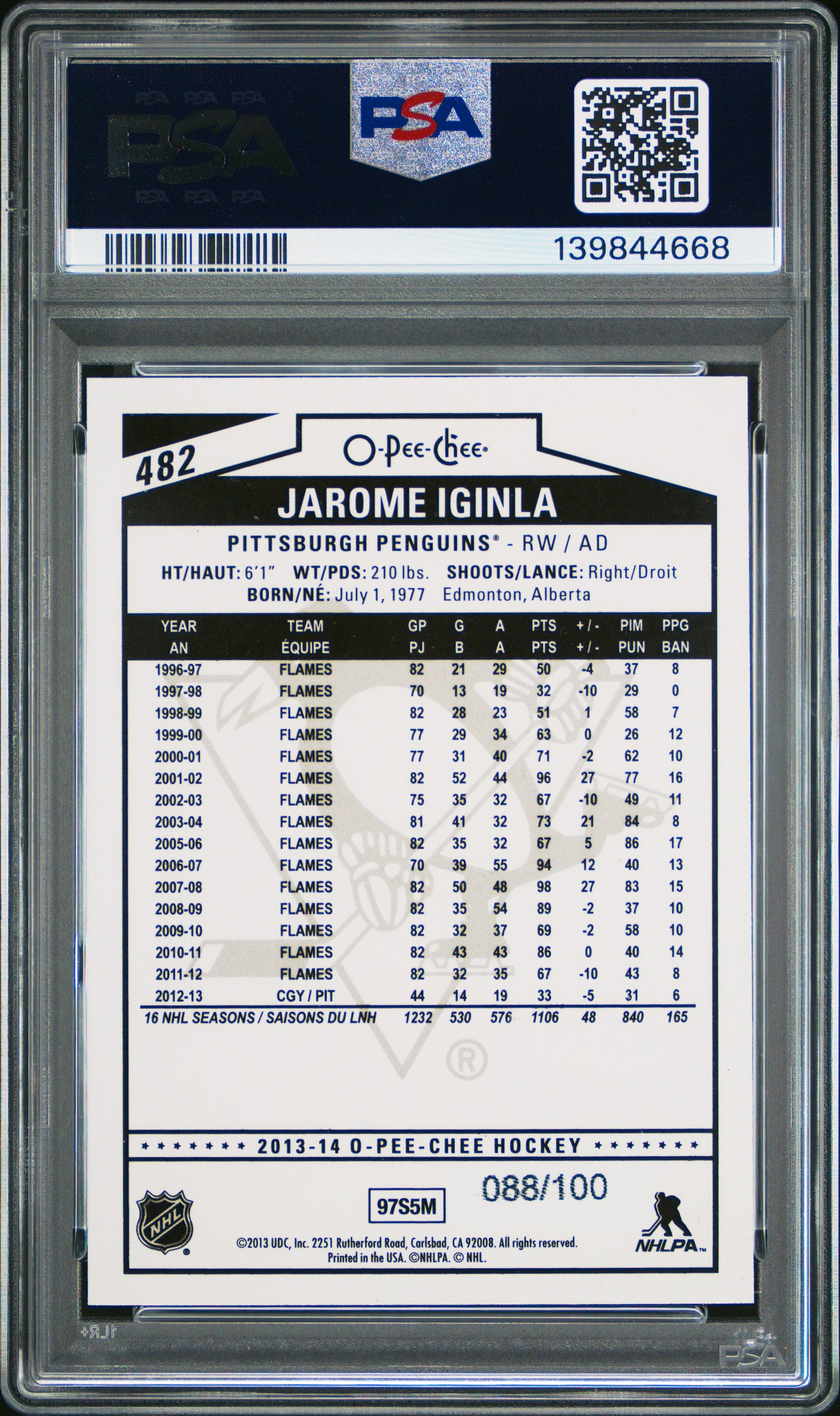 2013 O-PEE-CHEE - JAROME IGINLA #482 - BLACK RAINBOW /100 - PSA - Black /100