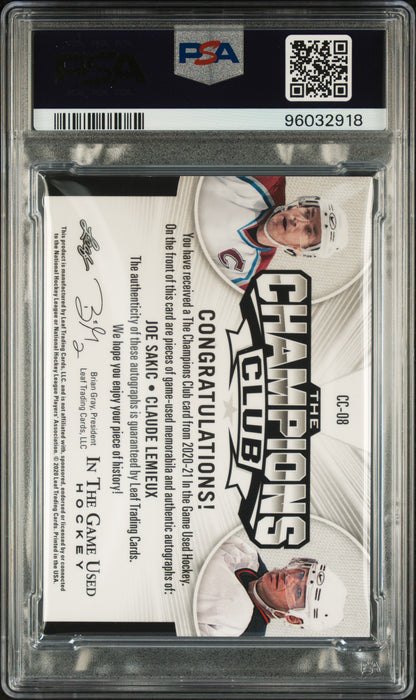 2020 Leaf Game Used Champions Club Autos Claude Lemieux Joe Sakic PSA 8
