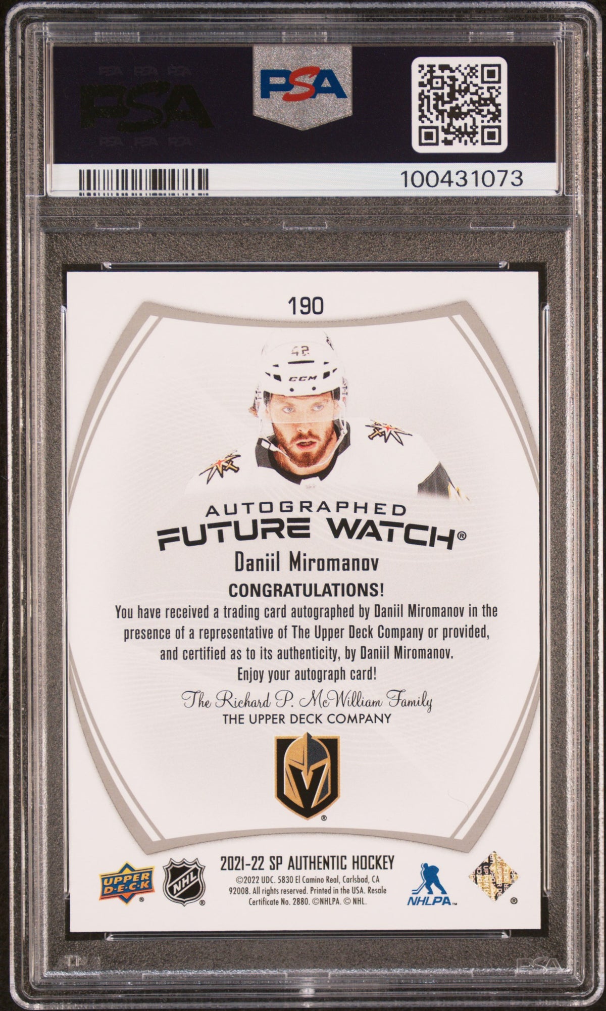 2021 SP Authentic - Daniil Miromanov - Future Watch Auto /999 - ROOKIE - PSA 9