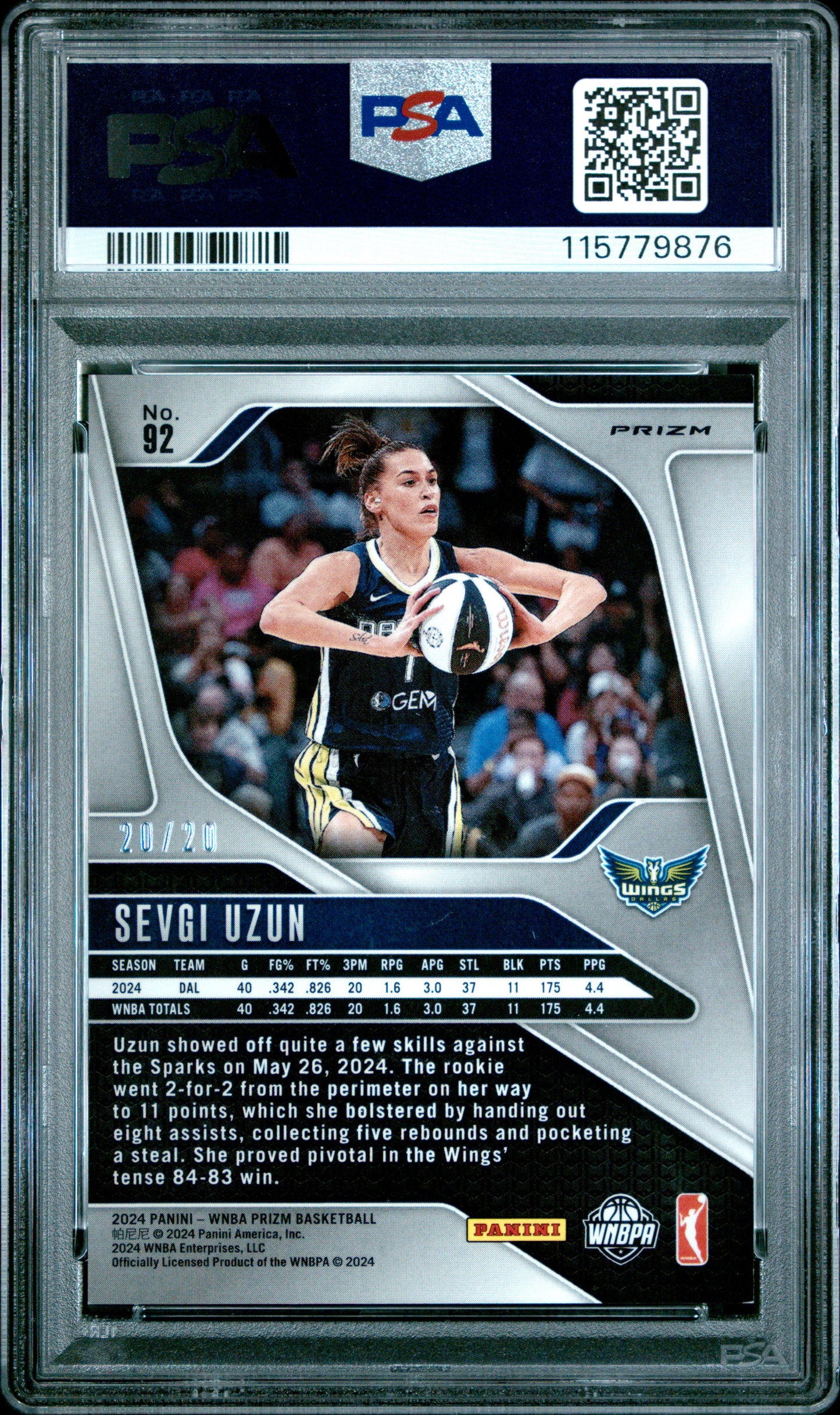 2024 Panini Prizm WNBA - Sevgi Uzun - ROOKIE - Cherry Blossoms /20 - PSA - /20