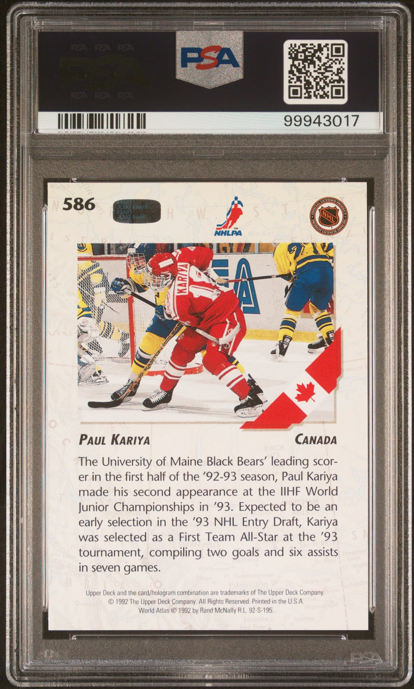 1992 Upper Deck - Paul Kariya #586 - Team Canada World Juniors - PSA 9