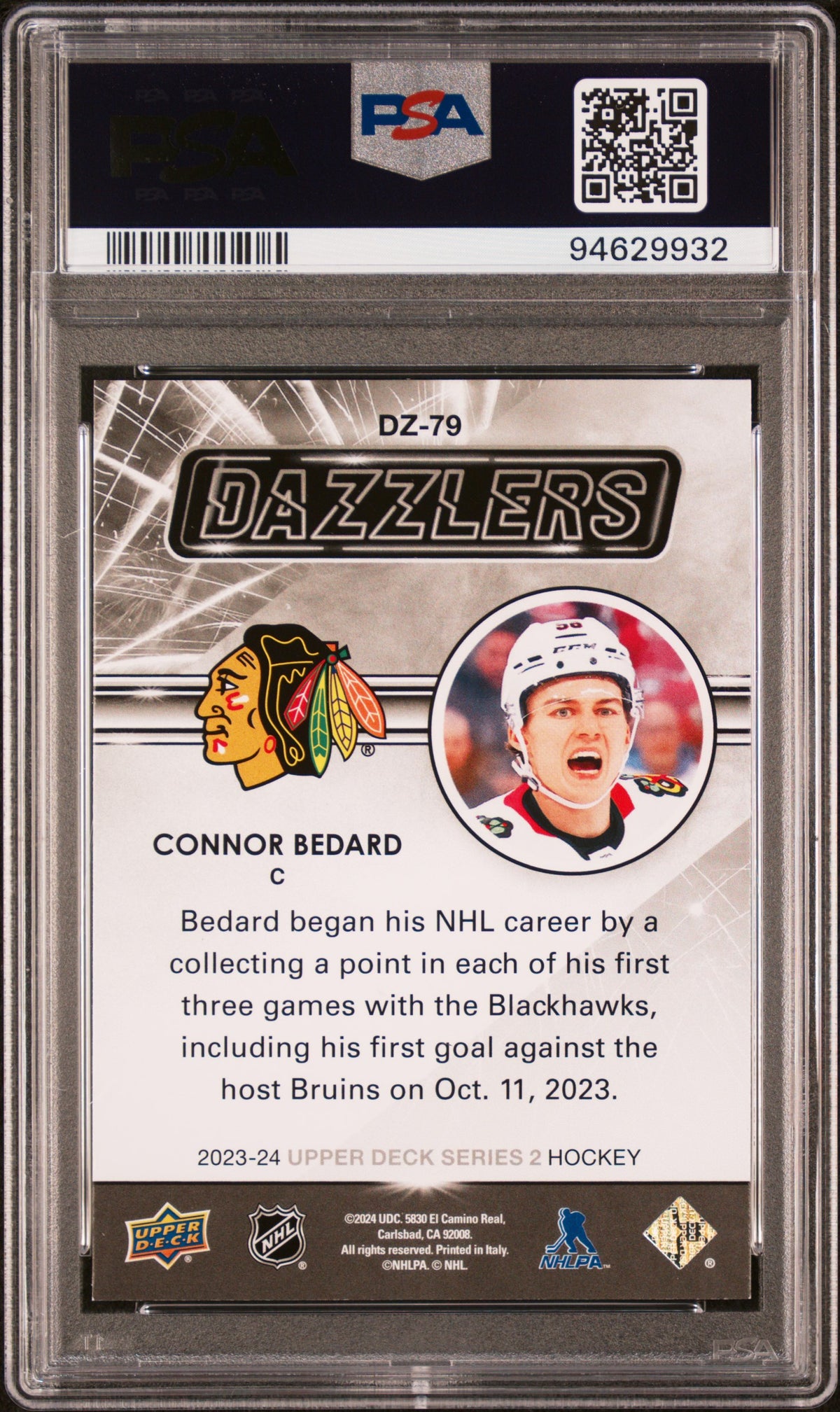 2023 Upper Deck - Connor Bedard #DZ79 - Dazzlers Orange - PSA 8