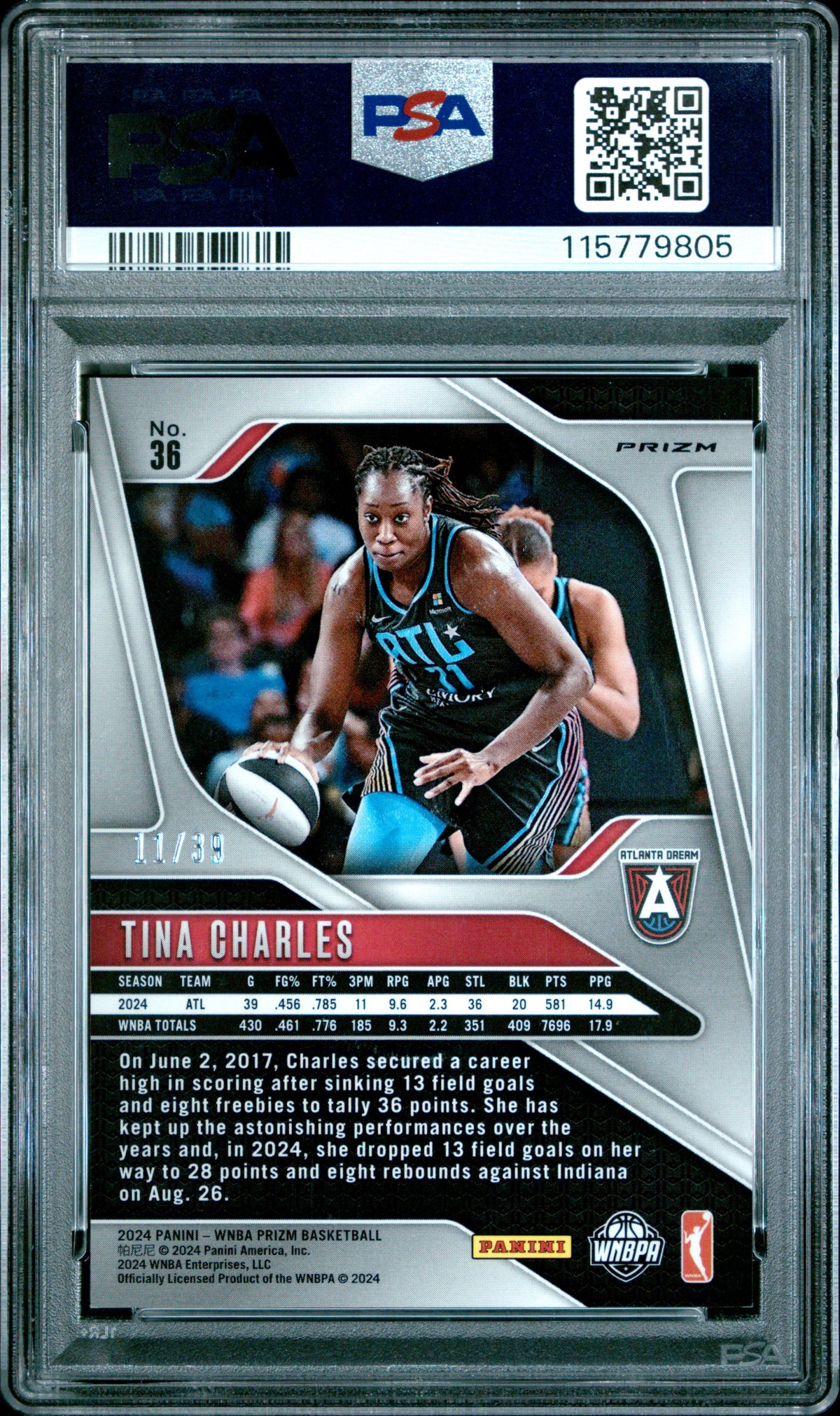 2024 Panini Prizm WNBA - Tina Charles #36 - Black Velocity /39 - PSA 9 - /39
