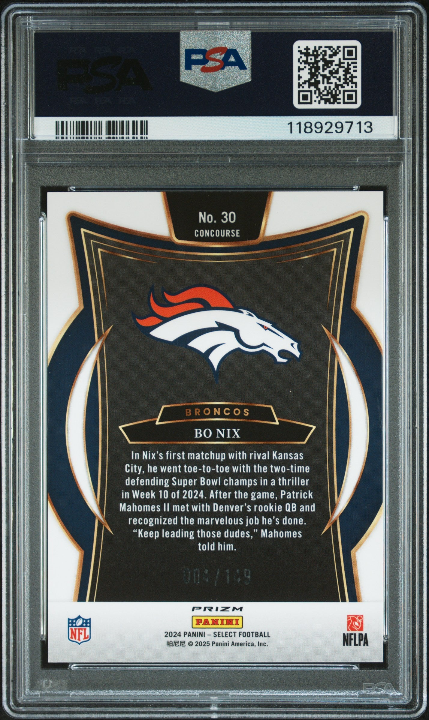 2024 Panini Select - Bo Nix #30 - ROOKIE /149 - Maroon Prizm /149 - PSA ROOKIE