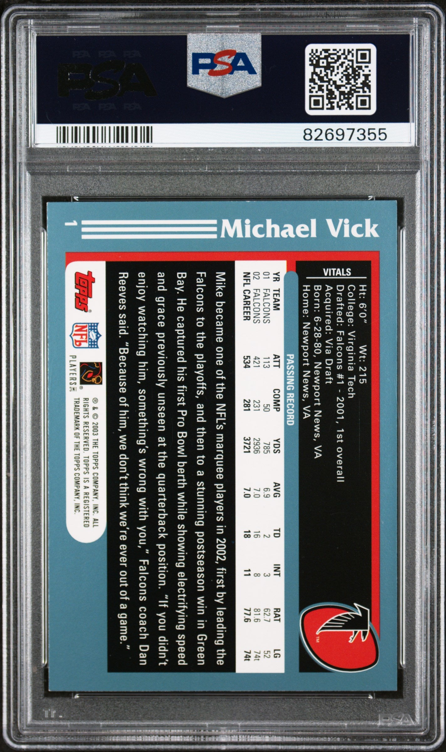 2003 Topps Michael Vick #1 PSA 8
