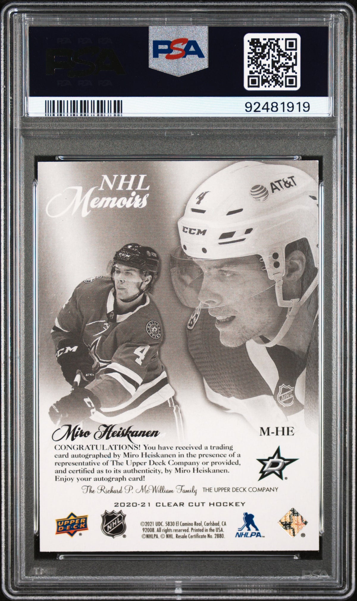 2020 Upper Deck Clear Cut NHL - Miro Heiskanen #MHE - Memoirs Autographs - PSA 9