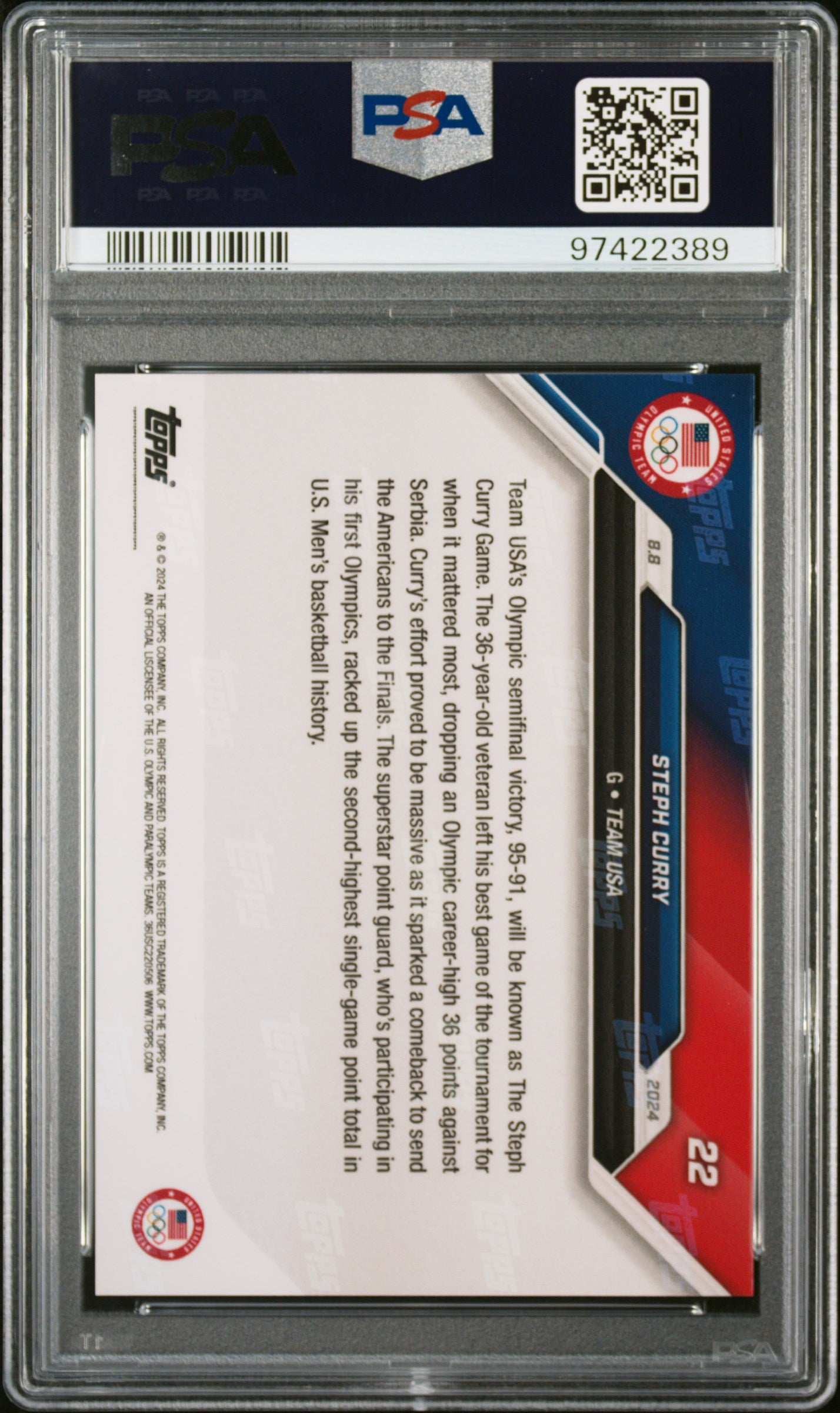 2024 Topps Now Olympic Games Steph Curry #22 PSA 10