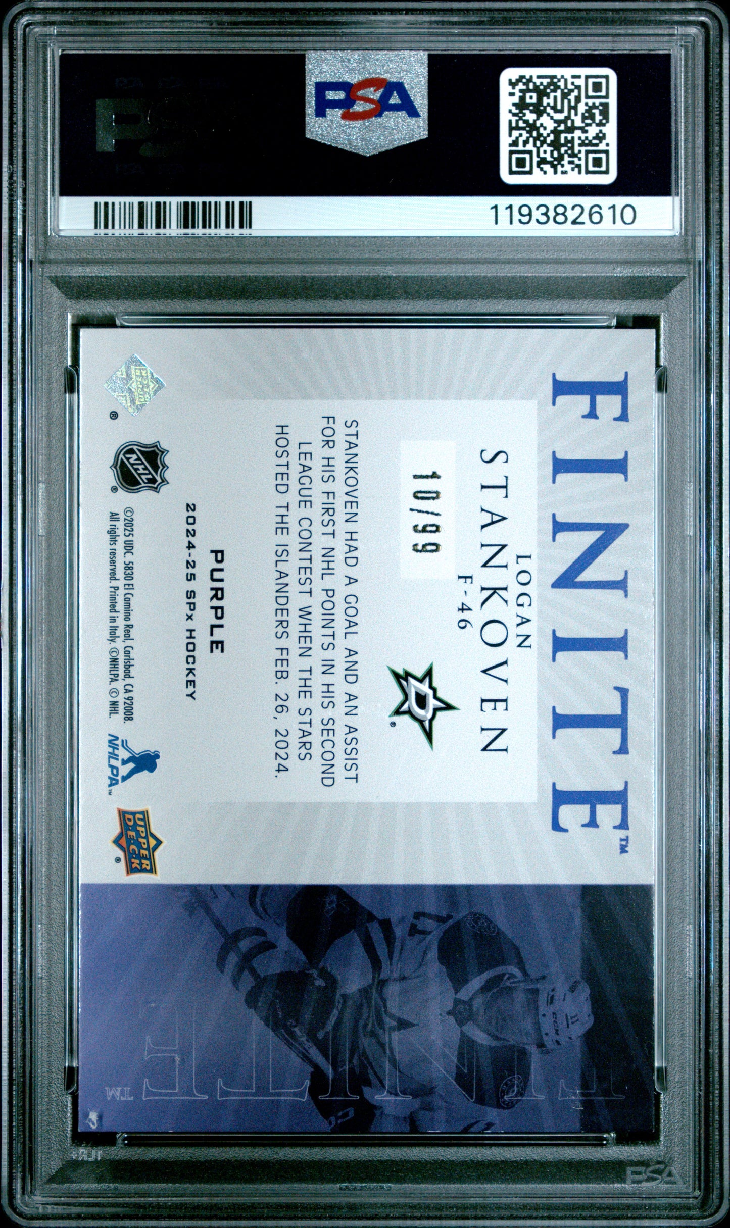 2024 SPX Finite - Logan Stankoven #F46 - ROOKIE - Purple /99 - PSA /99