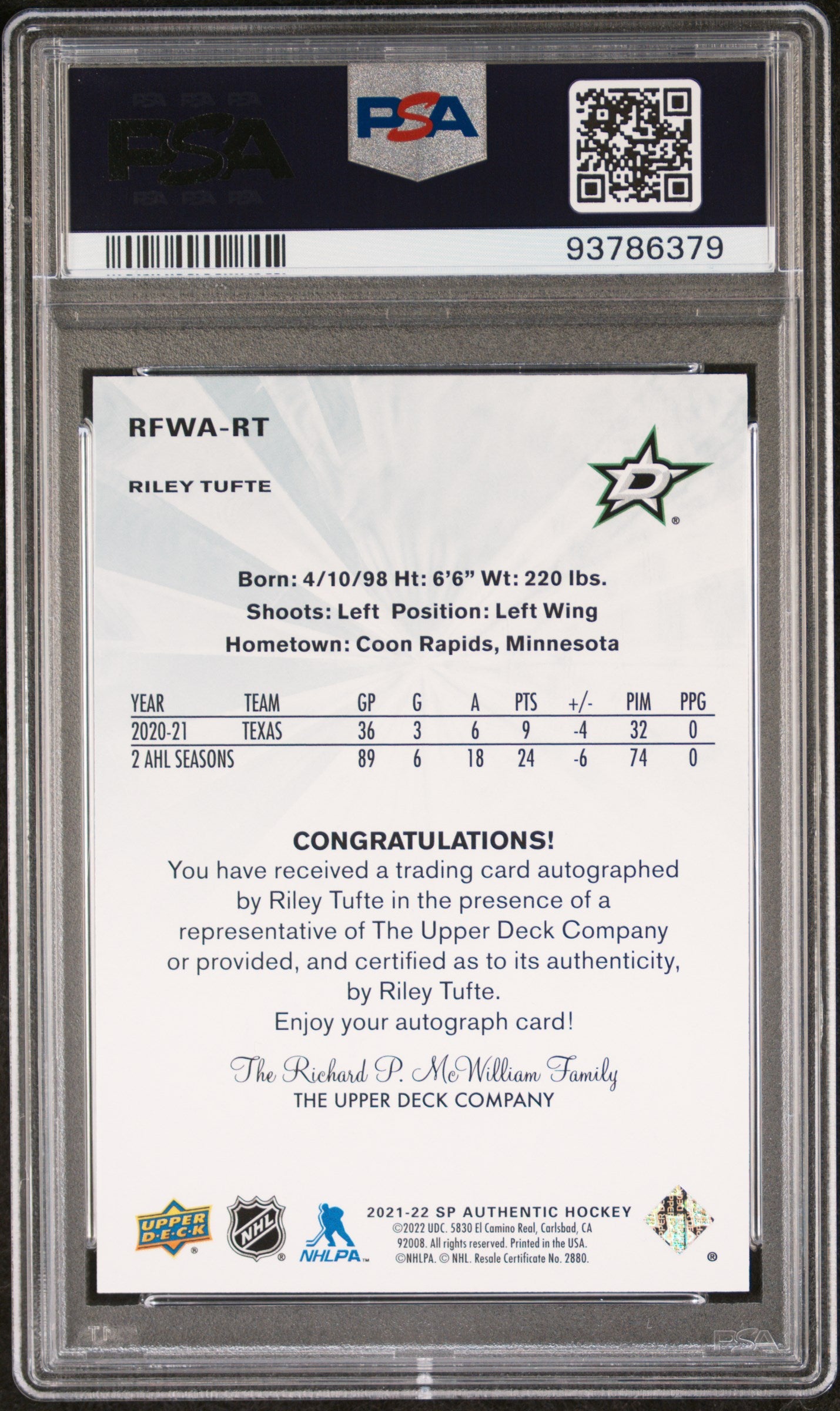 2021 UD SP Authentic Retro Future Watch Auto Riley Tufte PSA 8 /499