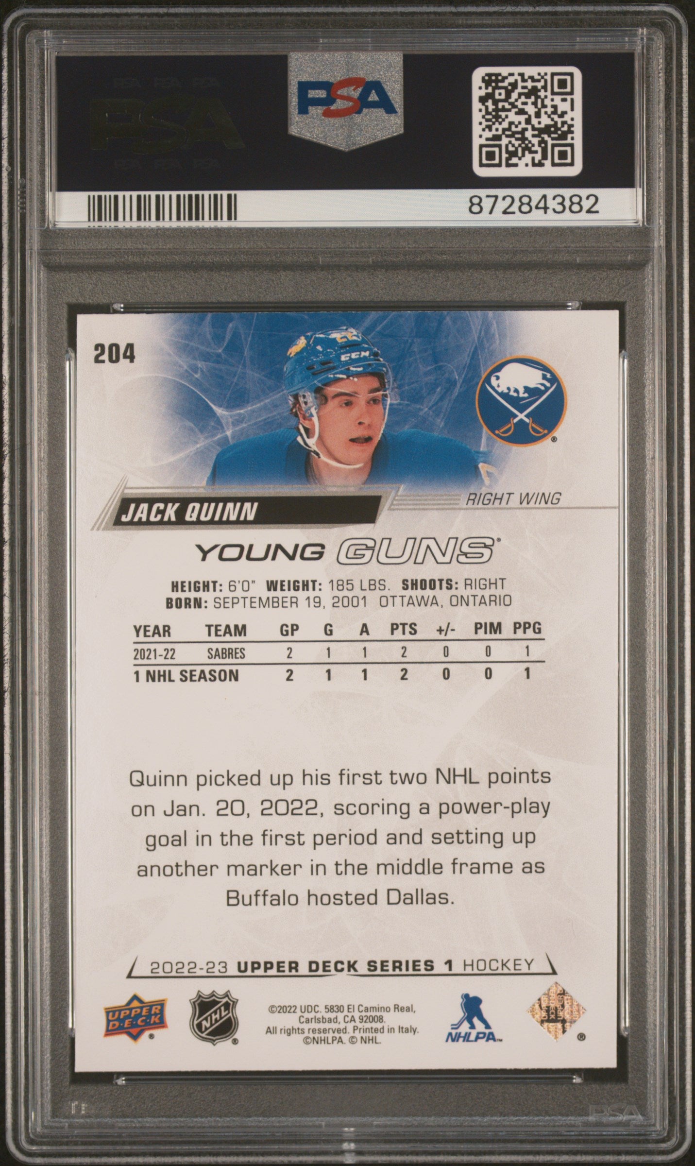 2022 Upper Deck Young Guns Jack Quinn ROOKIE #204 PSA 9
