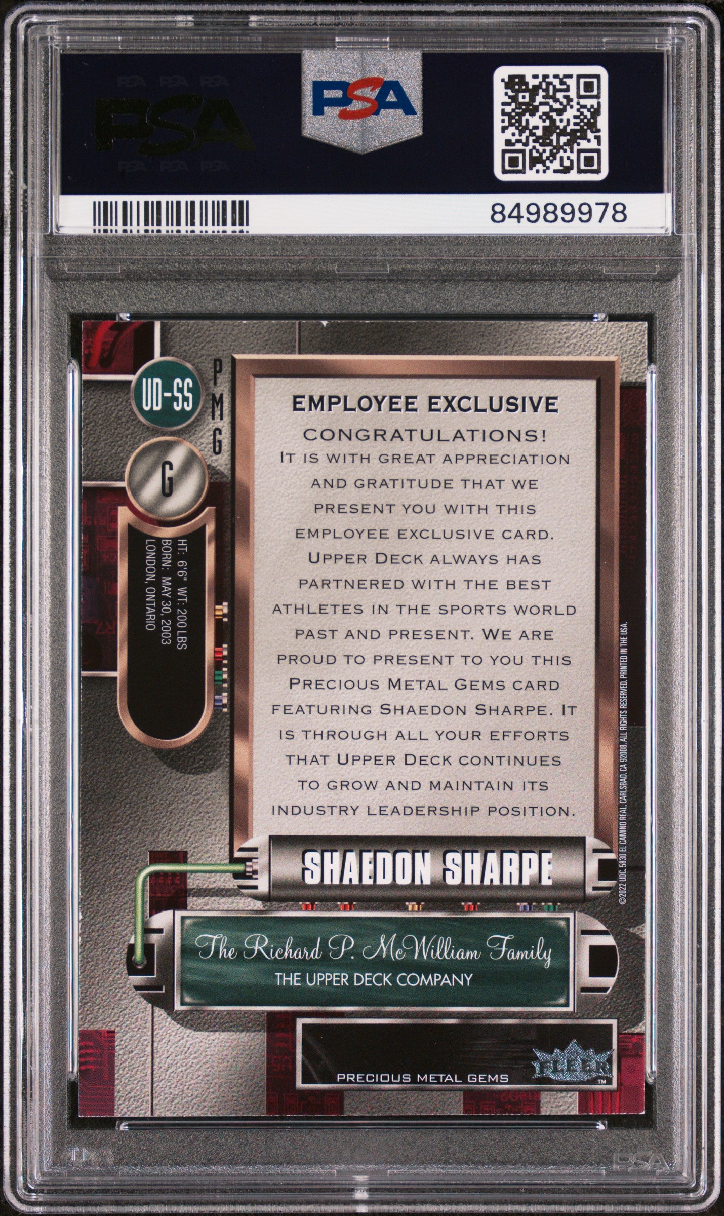 2023 Upper Deck - Employee Exclusive- Precious Metal Gems - Shaedon Sharpe - PSA