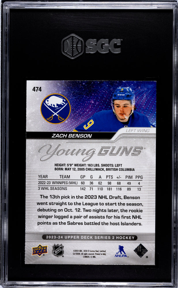 2023-24 Upper Deck Zach Benson #474 YOUNG GUNS Silver Outburst ROOKIE SGC 9.5