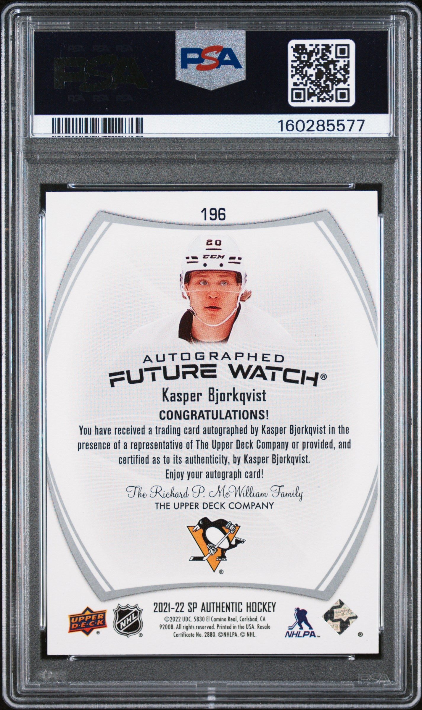 2021 SP Authentic - Kasper Bjorkqvist - FUTURE WATCH AUTO - PSA - INSCRIBED /50