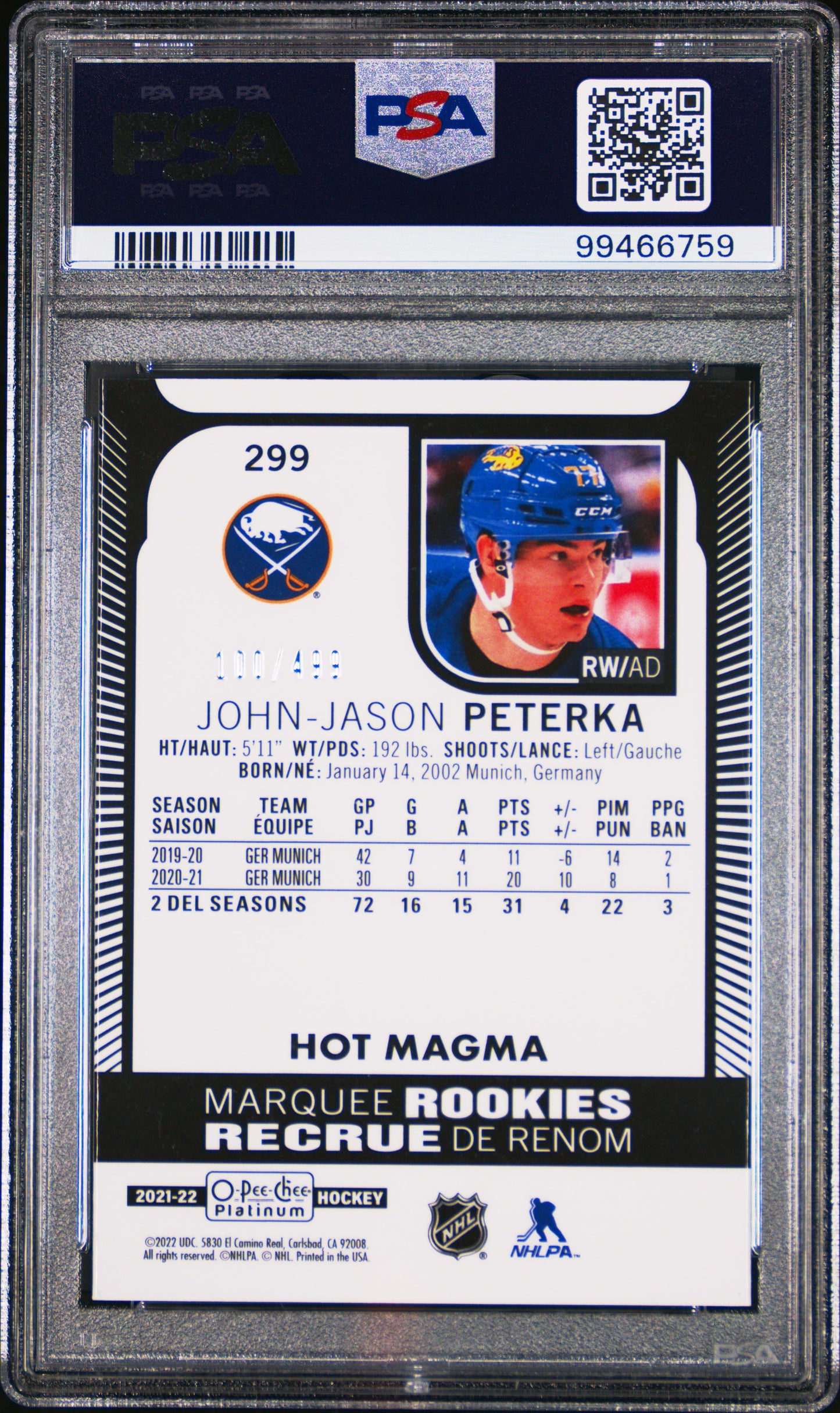 2021 Upper Deck OPC Platinum John-Jason Peterka #299 Hot Magma ROOK PSA 9 - /499