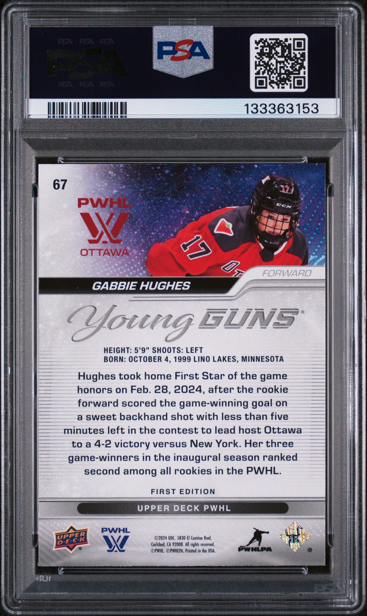 2024 PWHL - Gabbie Hughes #67 - Women's Hockey - Young Guns - PSA - ROOKIE
