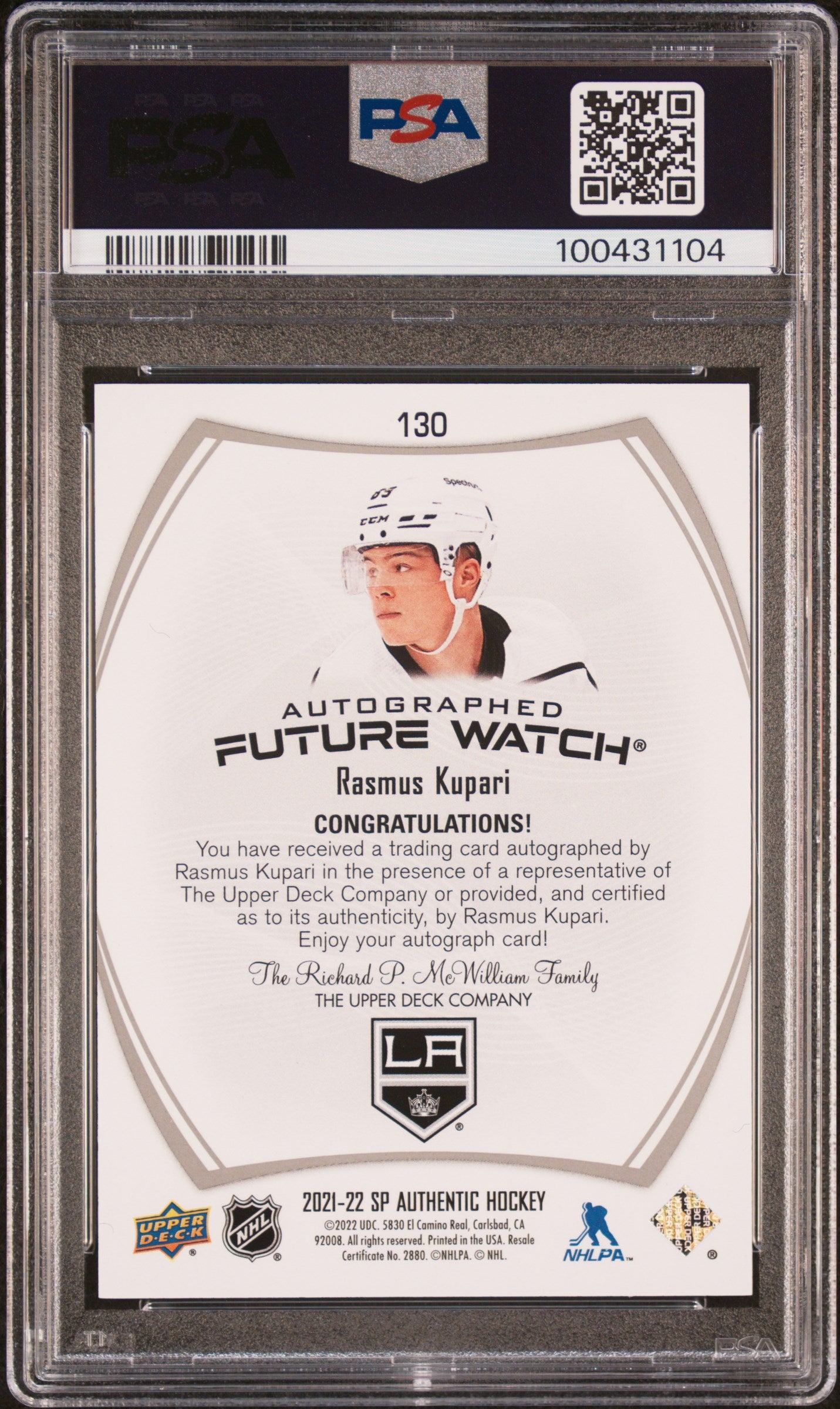 2021 SP Authentic - Rasmus Kupari - FUTURE WATCH AUTO /999 - PSA 10