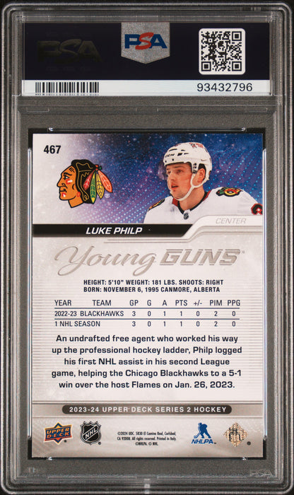2023 Upper Deck - Luke Philp #467 - YOUNG GUNS ROOKIE -Silver Outburst - PSA 10