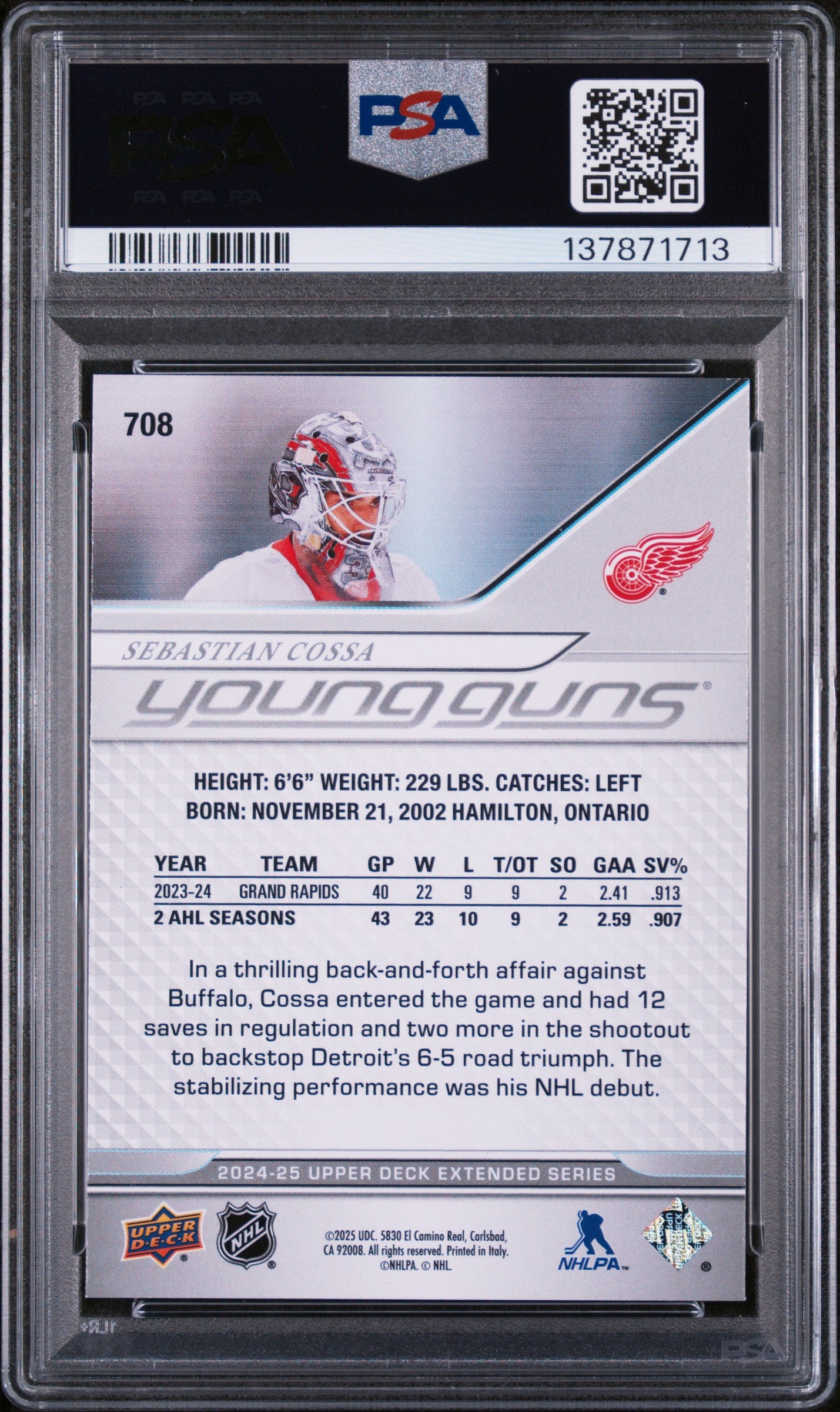 2024 Upper Deck - Sebastian Cossa #708 - Young Guns Rookie - PSA - YG ROOKIE