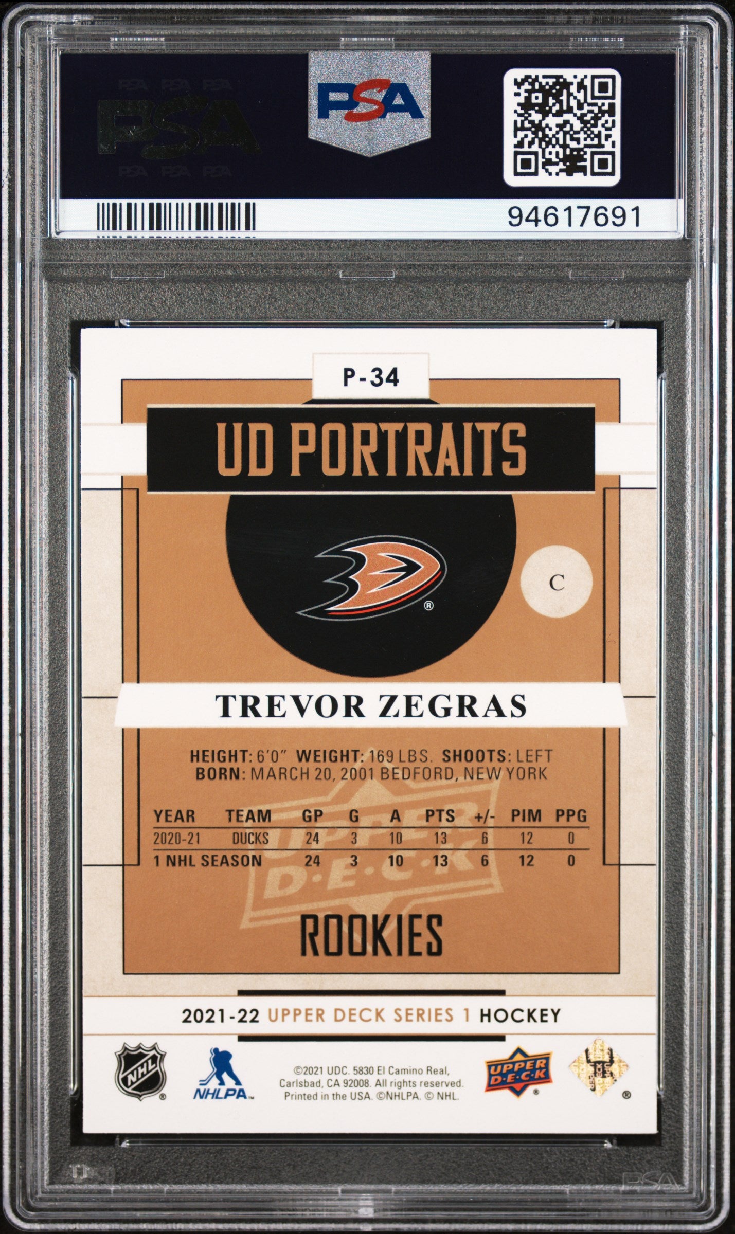 2021-2022 Upper Deck UD Portraits ROOKIES Trevor Zegras #P34 PSA 8