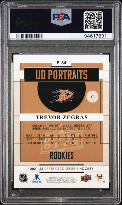 2021-2022 Upper Deck UD Portraits ROOKIES Trevor Zegras #P34 PSA 8