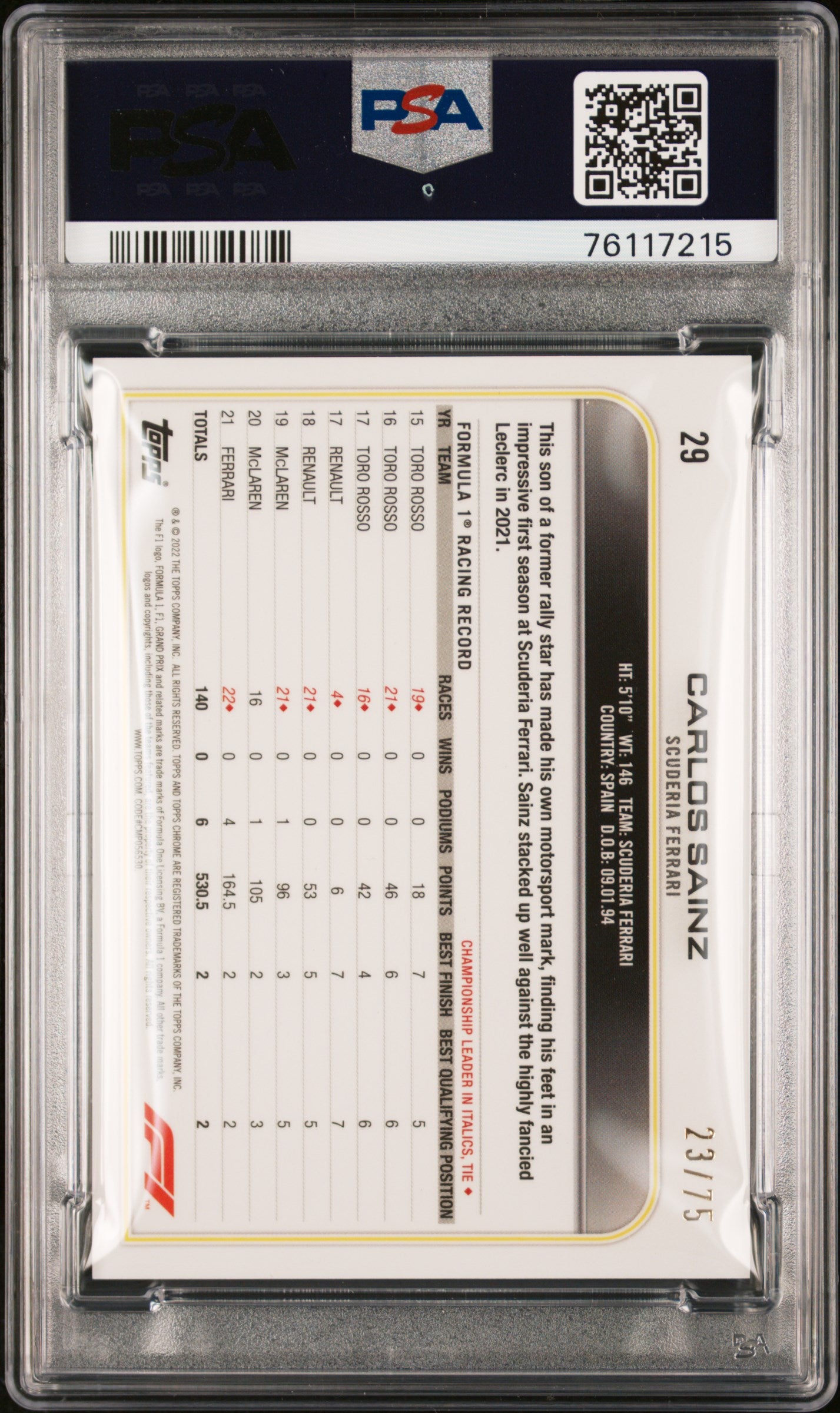 2022 Topps Chrome F1 Sapphire Edition Carlos Sainz #29 PSA 9 - /75, ## 23/75