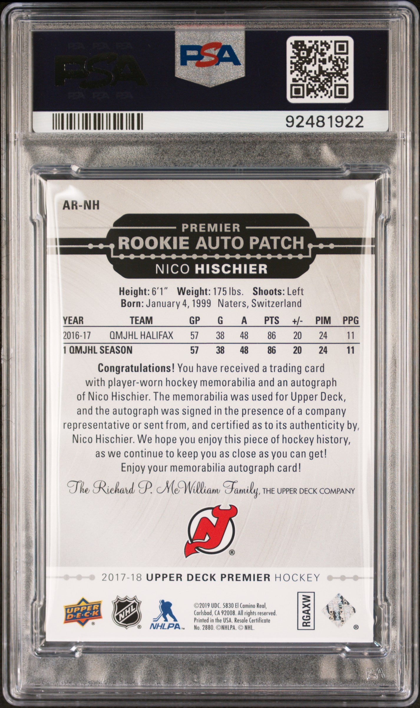 2018 Upper Deck Premier - Nico Hischier - ROOKIE PATCH AUTO - PSA 9 - RPA